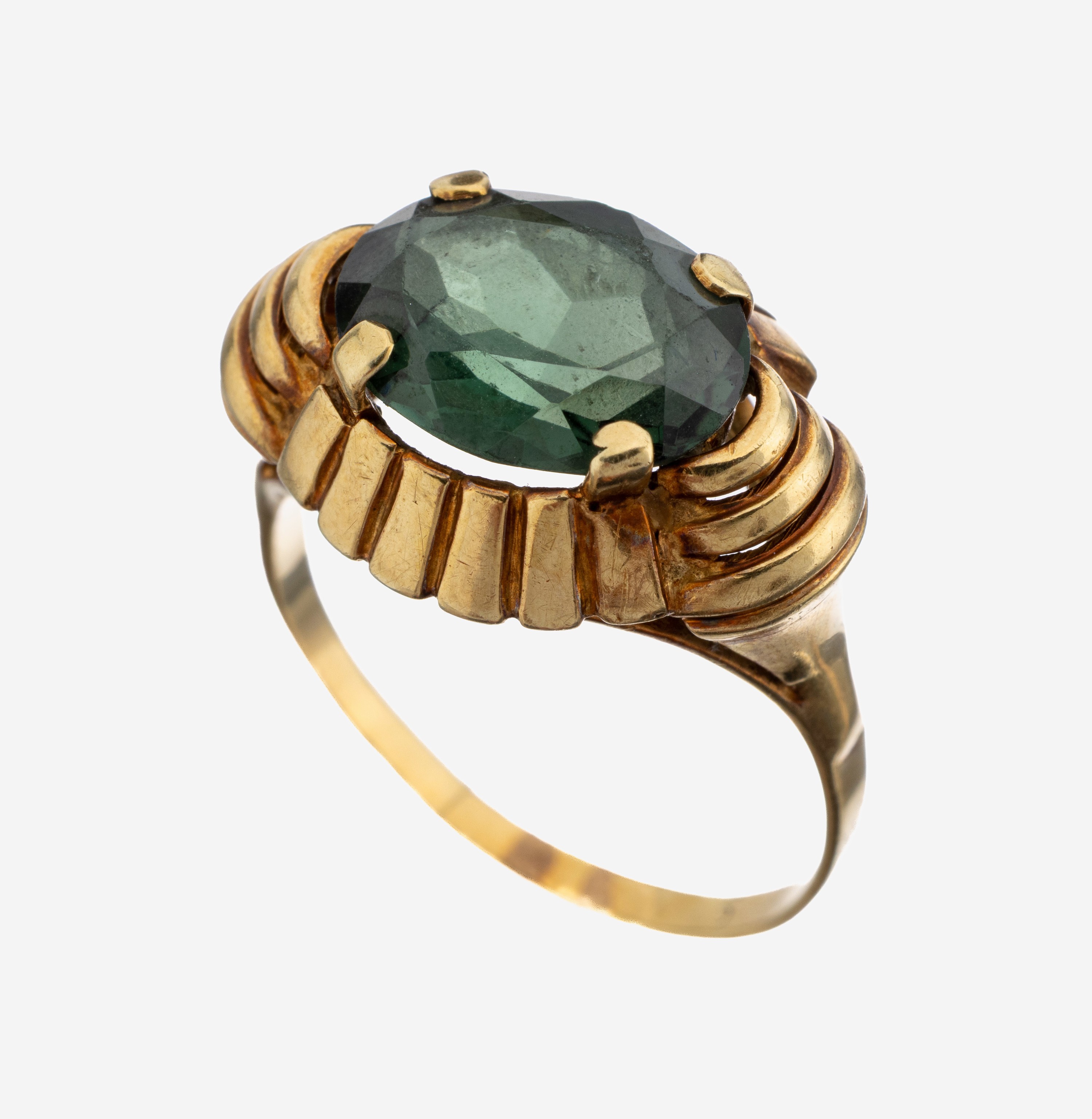 Image 27140620 - 14 kt Gold Farbstein-Ring, 1950er Jahre, GG585/000, geometrisches Design, ovalfacett. ...