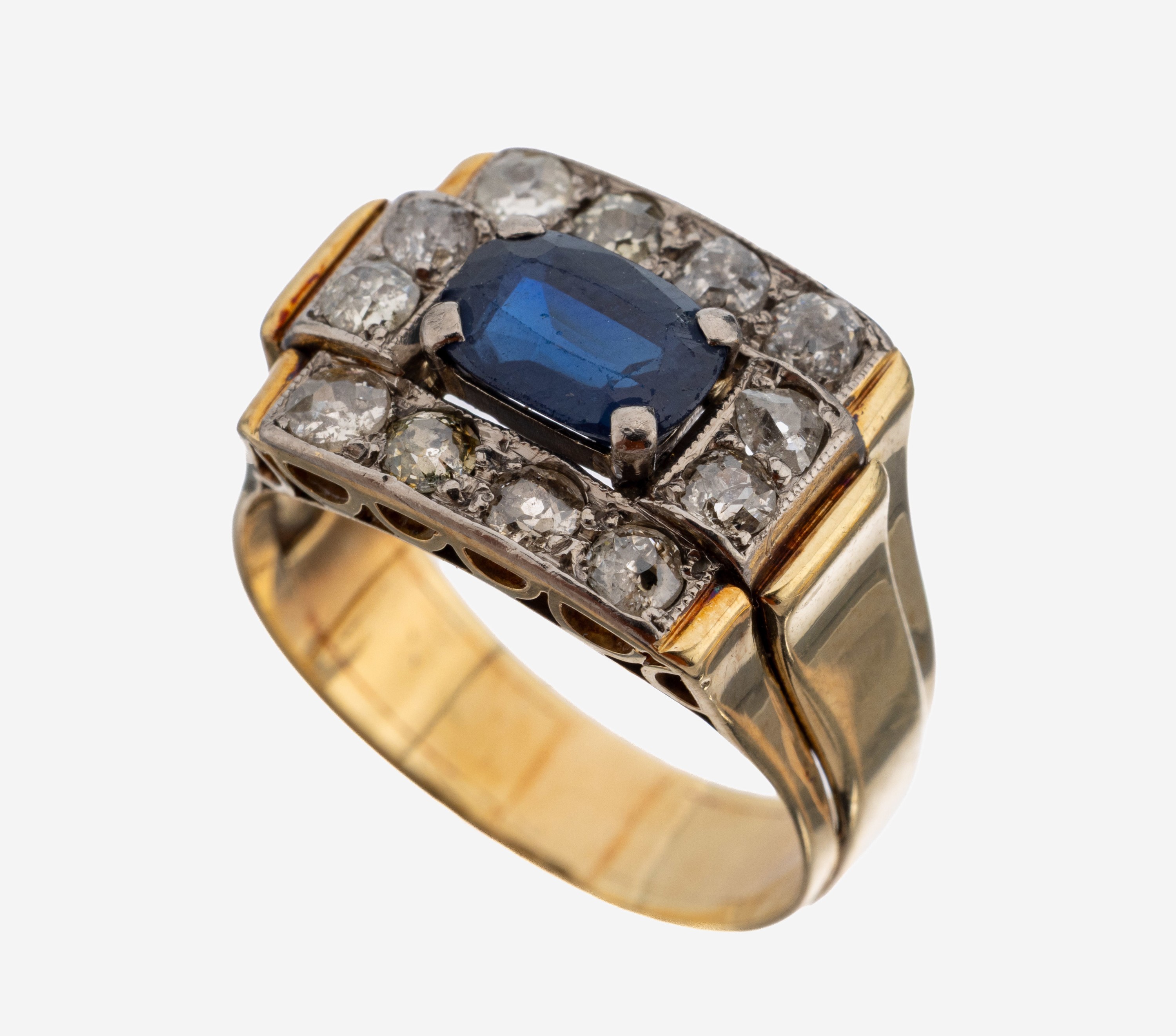 Image 27140622 - 14 kt Gold Saphir-Diamant-Ring, 1930er-40er Jahre, GG/WG 585/000, mittig erhaben ...