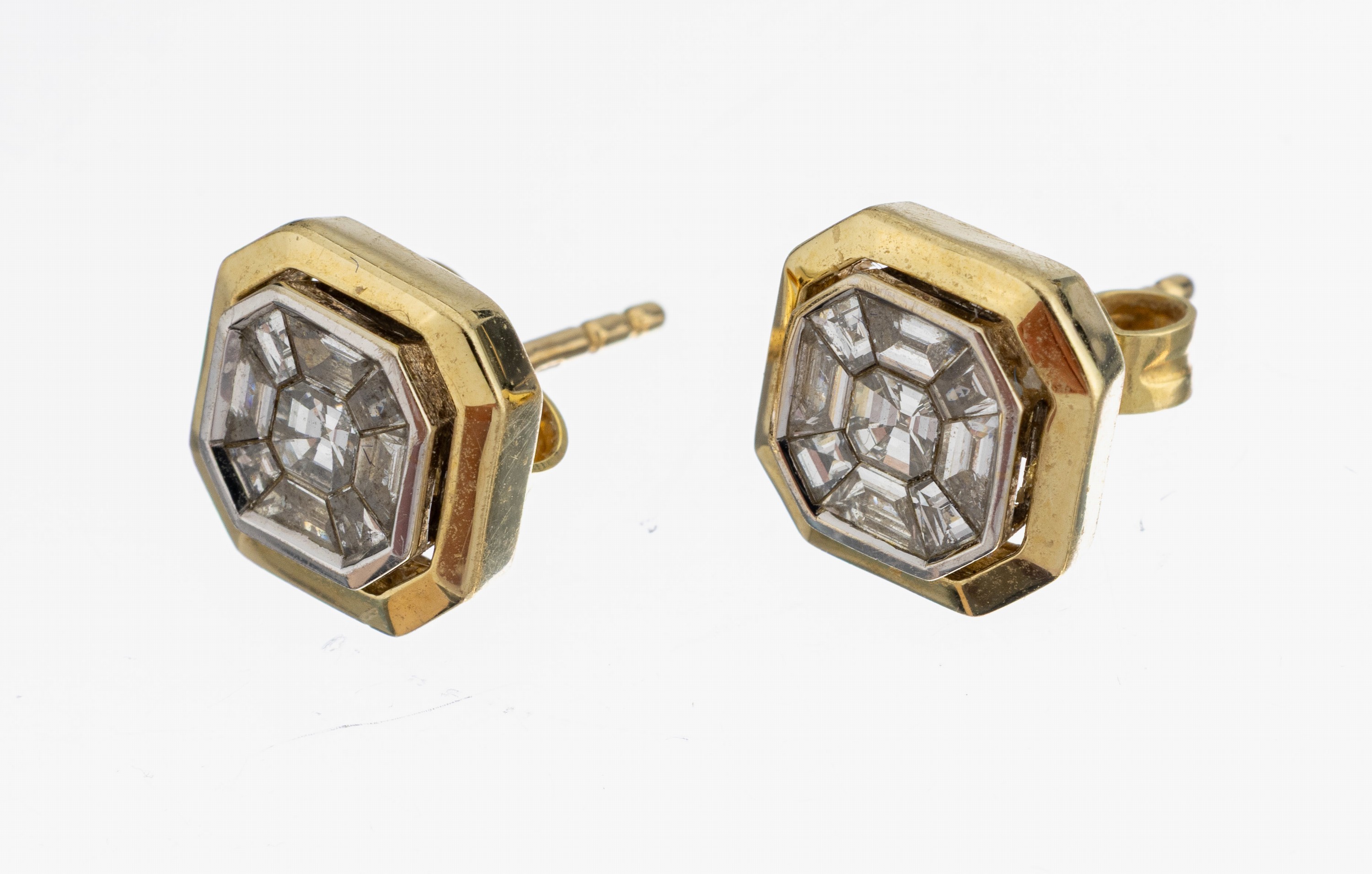 Image 27140827 - Paar 14 kt Gold Diamant-Ohrstecker, GG 585/000, oktagonale Grundform, 2 Diamant- ...