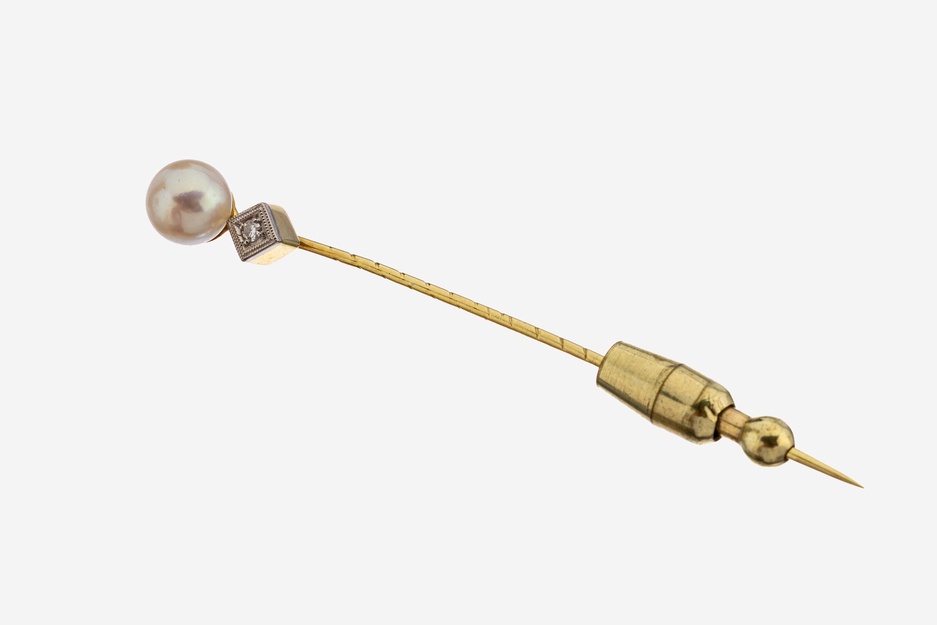 Image 27140929 - 14 kt Gold Perl-Diamant-Anstecknadel, GG 585/000, L. ca. 6 cm, Akoyazuchtperle, D. ca. ...