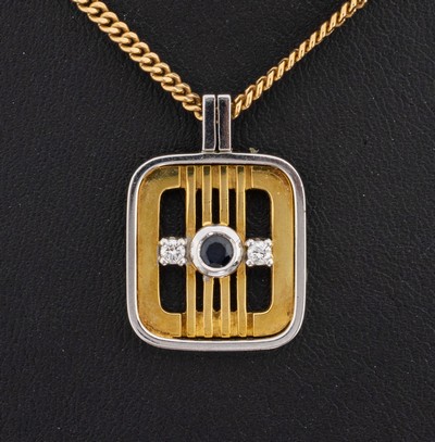 27141202a - 18 kt Gold Saphir-Diamant-Anhänger, GG/WG 750/000, rundfacett. Saphire ca. 0.08 ct, 2 ...
