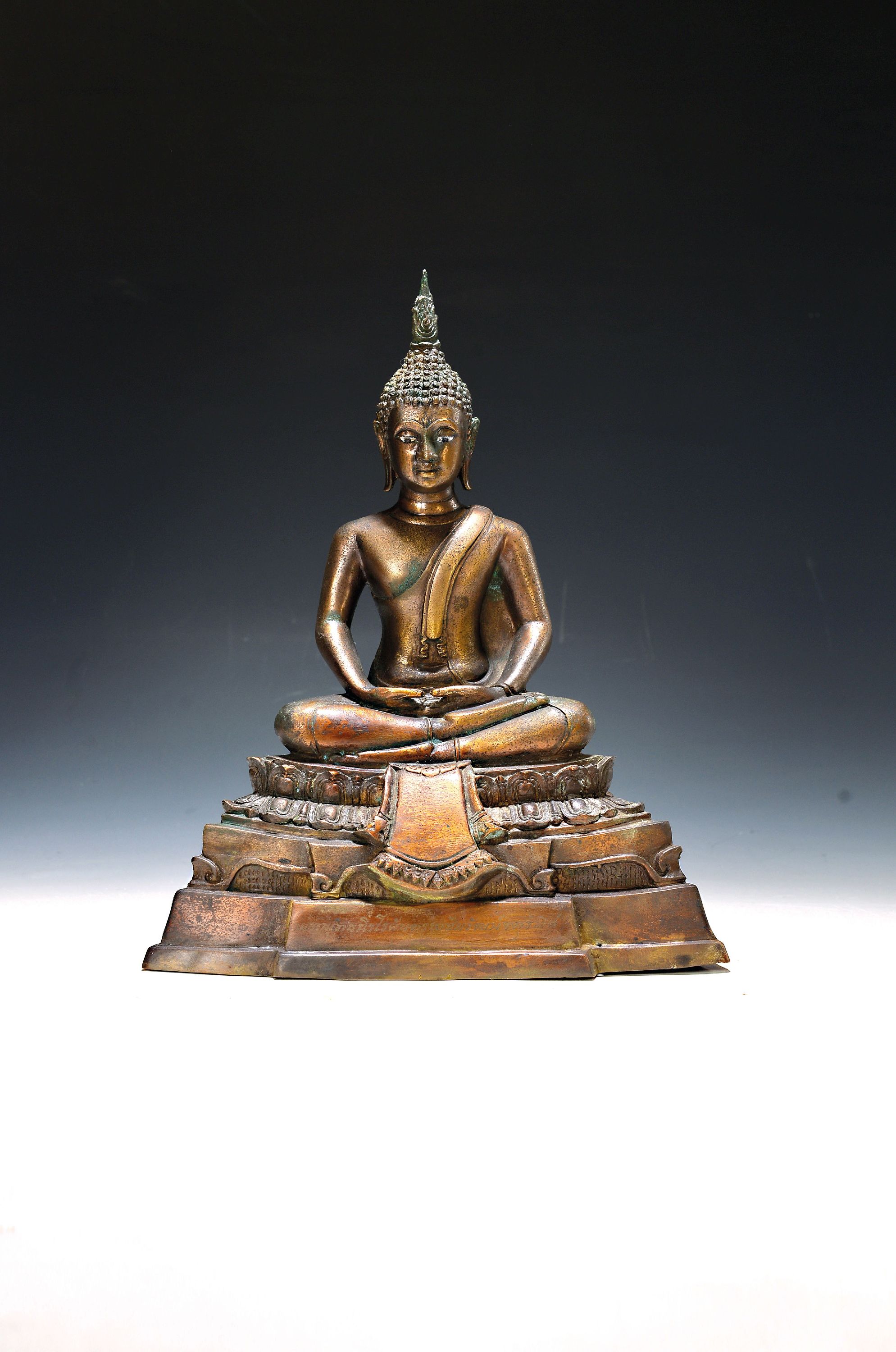 Image 27141468 - Sitting Buddha Shakyamuni, Thailand around 1900, dark bronze patina, multi-tiered lotus ...