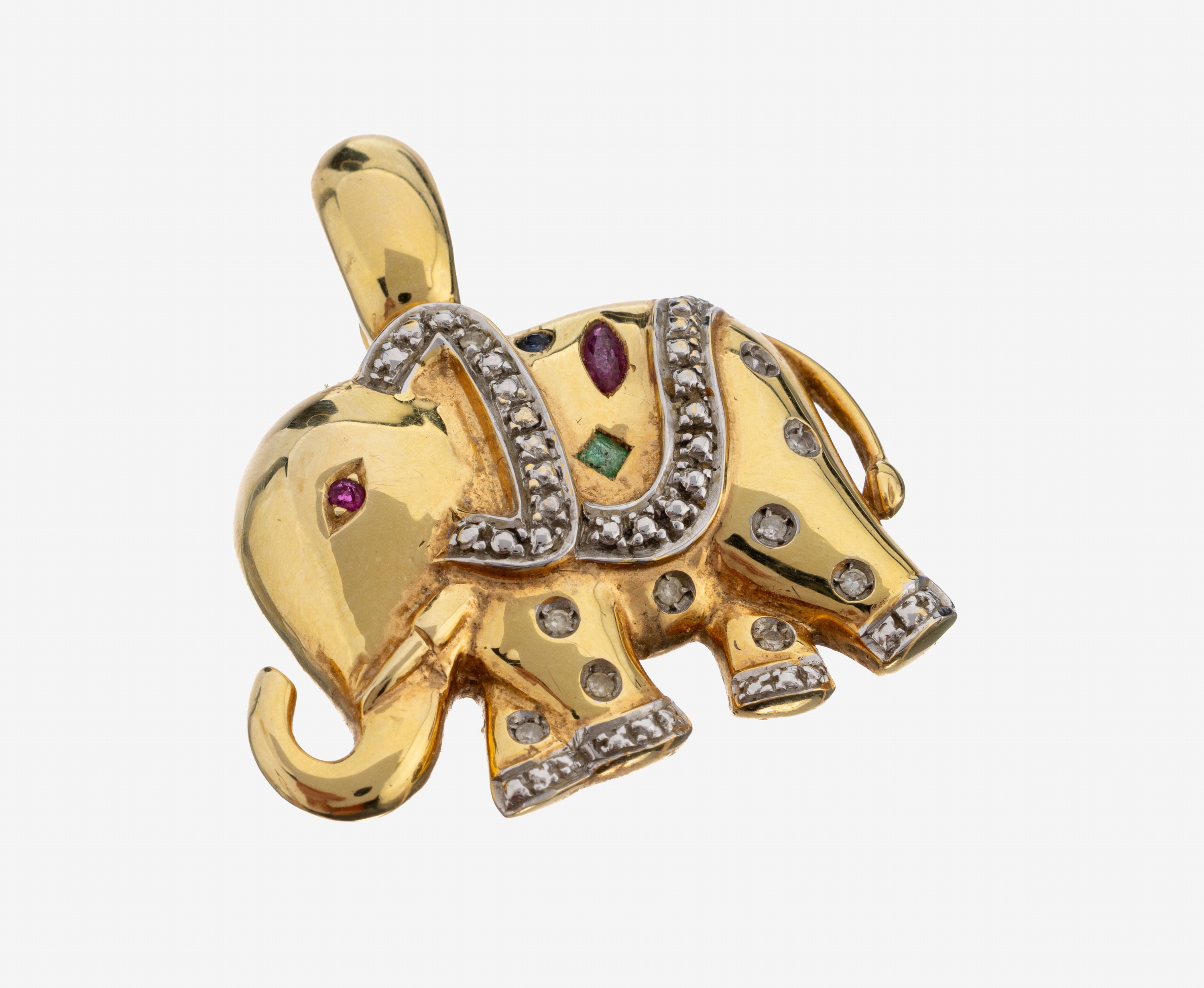 Image 27141563 - 14 kt Gold Farbstein-Diamant-Anhänger, GG 585/000, Darstellung eines Elefanten, 1 ...