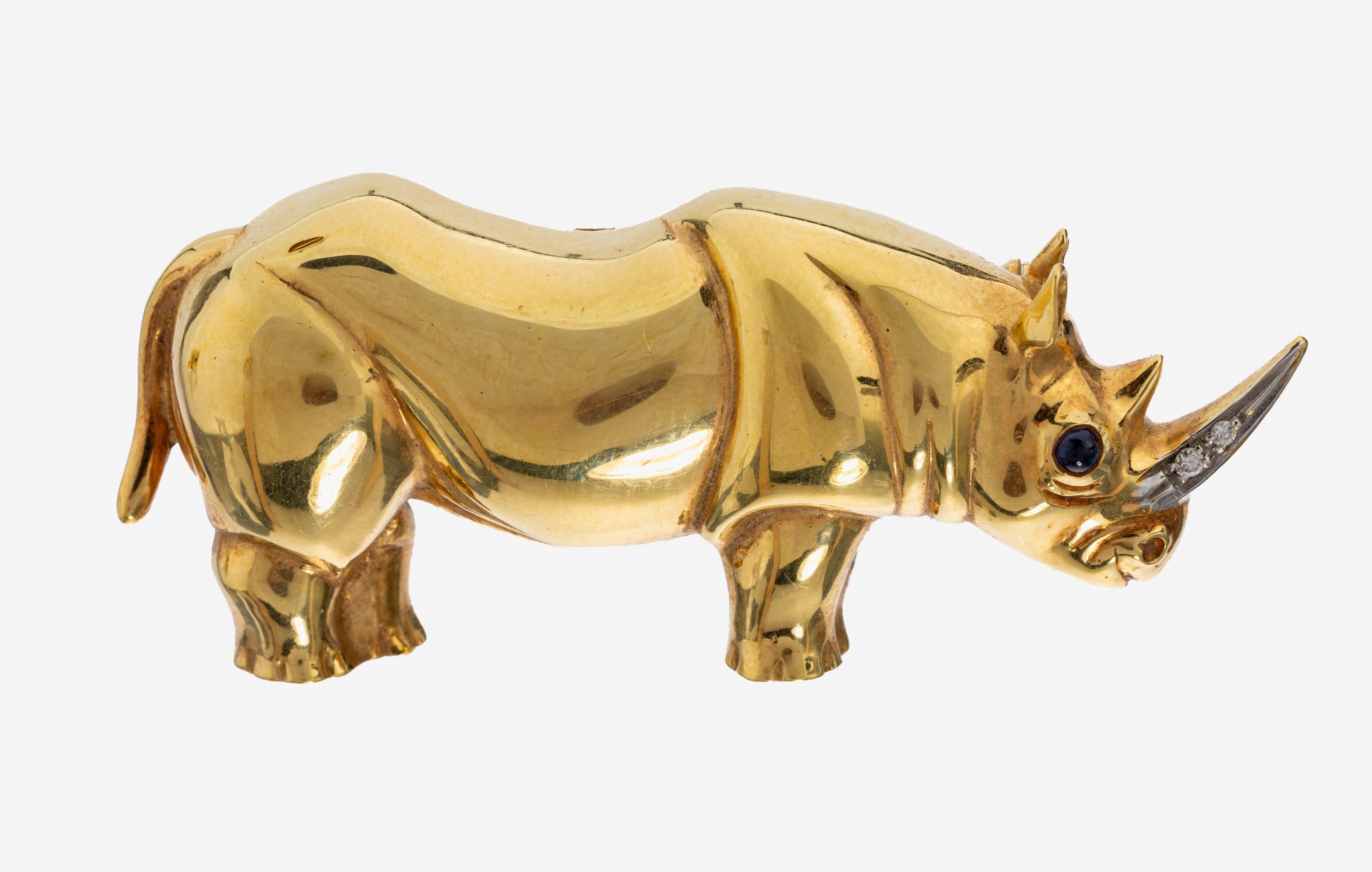Image 27141566 - 18 kt Gold Brillant-Saphir-Brosche, GG 750/000, Darstellung eines Nashorns, Horn rhod., ...