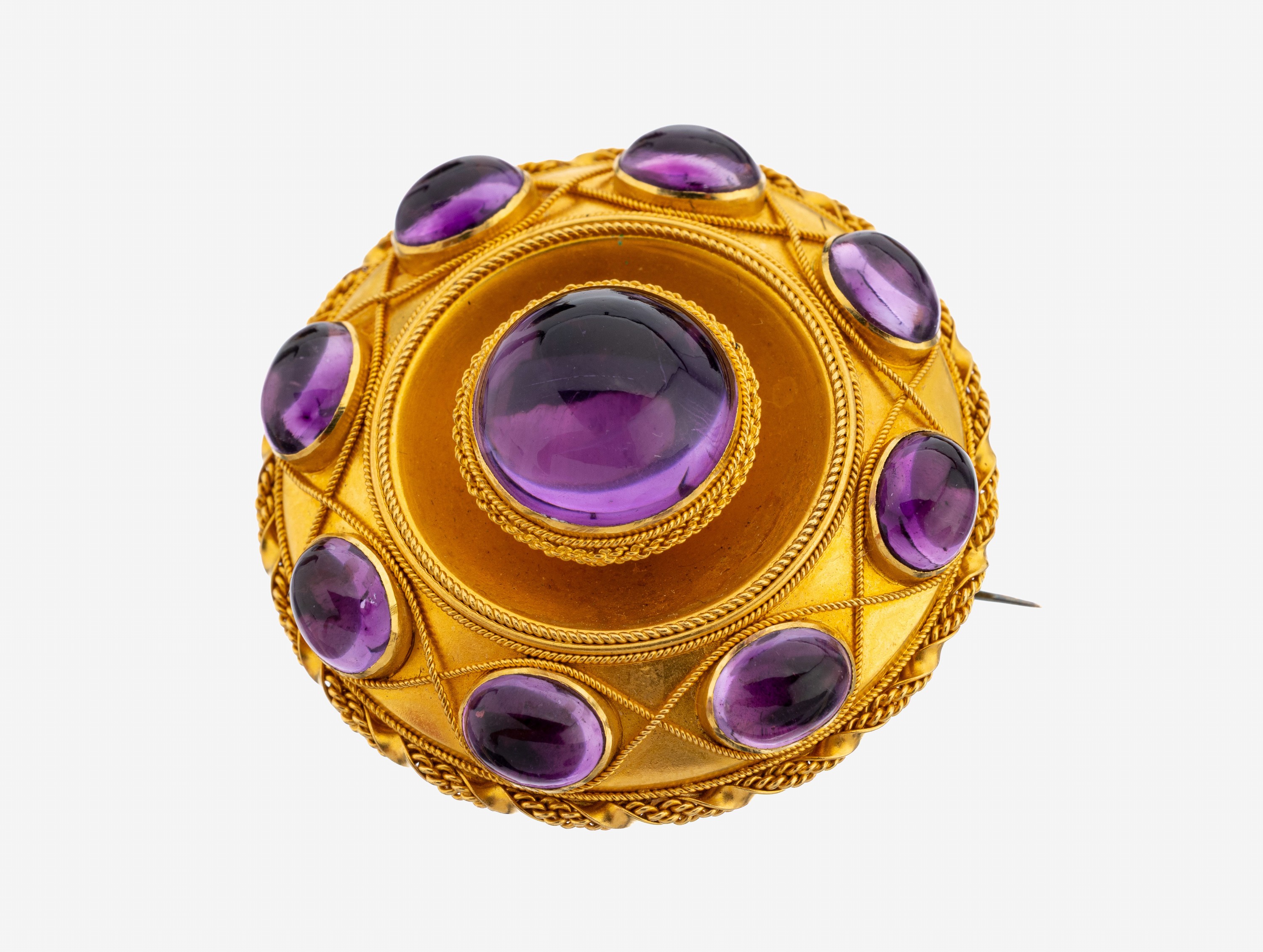 Image 27141569 - 14 kt Gold Amethyst-Brosche, um 1880, GG 585/000, qualitätvolle Verarbeitung, runde ...