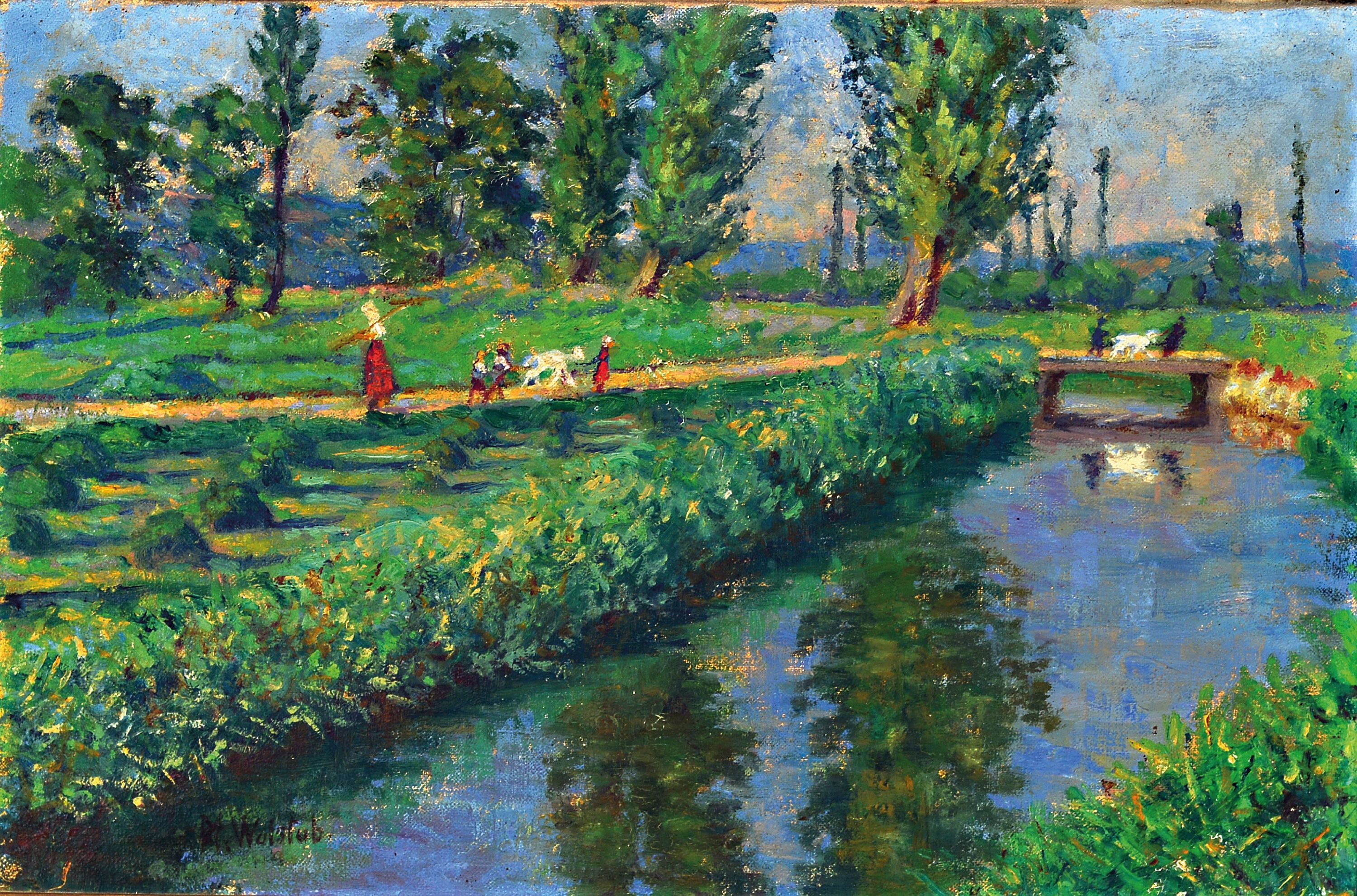 Image 27142311 - M. Wohlrab, Anfang 20. Jahrhundert, impressionistische Sommerlandschaft am, Fluss mit ...