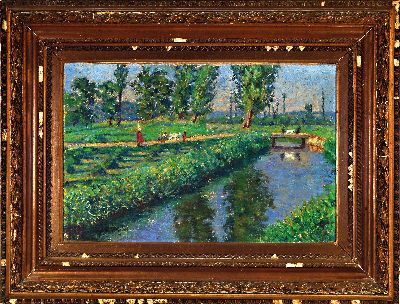 27142311k - M. Wohlrab, Anfang 20. Jahrhundert, impressionistische Sommerlandschaft am, Fluss mit ...