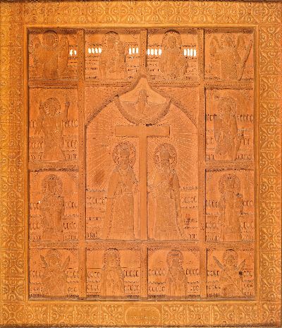 Image Orthodox wooden icon panel, Romanian, dated 1929, field icon, central main motif: ...