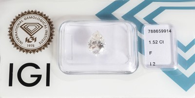 Image Loser Diamant, 1.52 ct feines Weiß (F)/p2, Pear Brilliant, eingeschweißt, IGI-Expertise ...