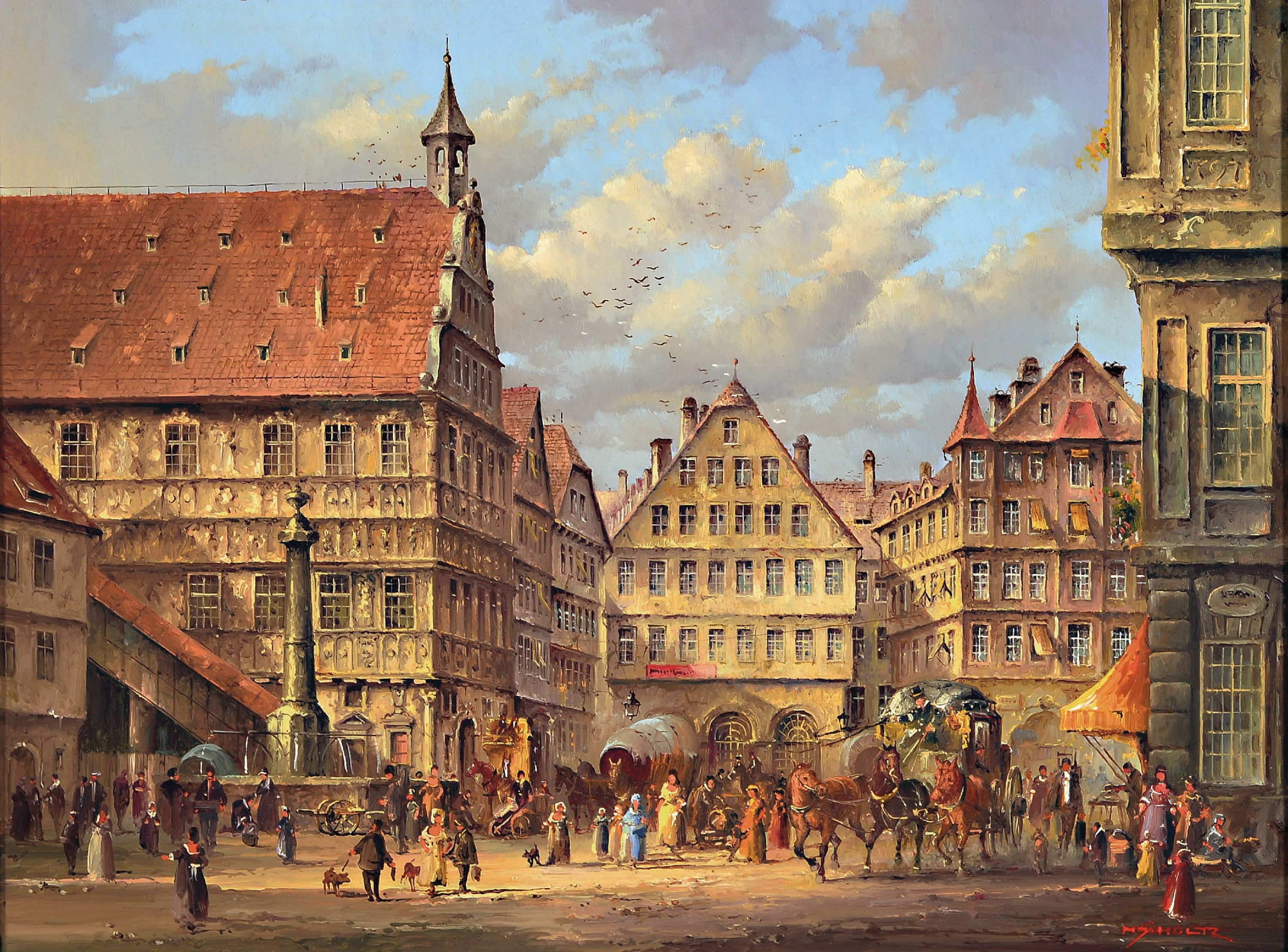 Image 27142477 - Heinz Scholz, geb.1925 Berlin,, Stuttgarter Marktplatz, Öl/Holz, re. u. signiert, ca. 32 ...