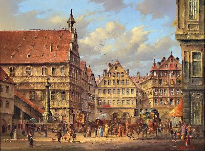 Image Heinz Scholz, geb.1925 Berlin,, Stuttgarter Marktplatz, Öl/Holz, re. u. signiert, ca. 32 ...