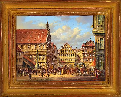 27142477k - Heinz Scholz, geb.1925 Berlin,, Stuttgarter Marktplatz, Öl/Holz, re. u. signiert, ca. 32 ...
