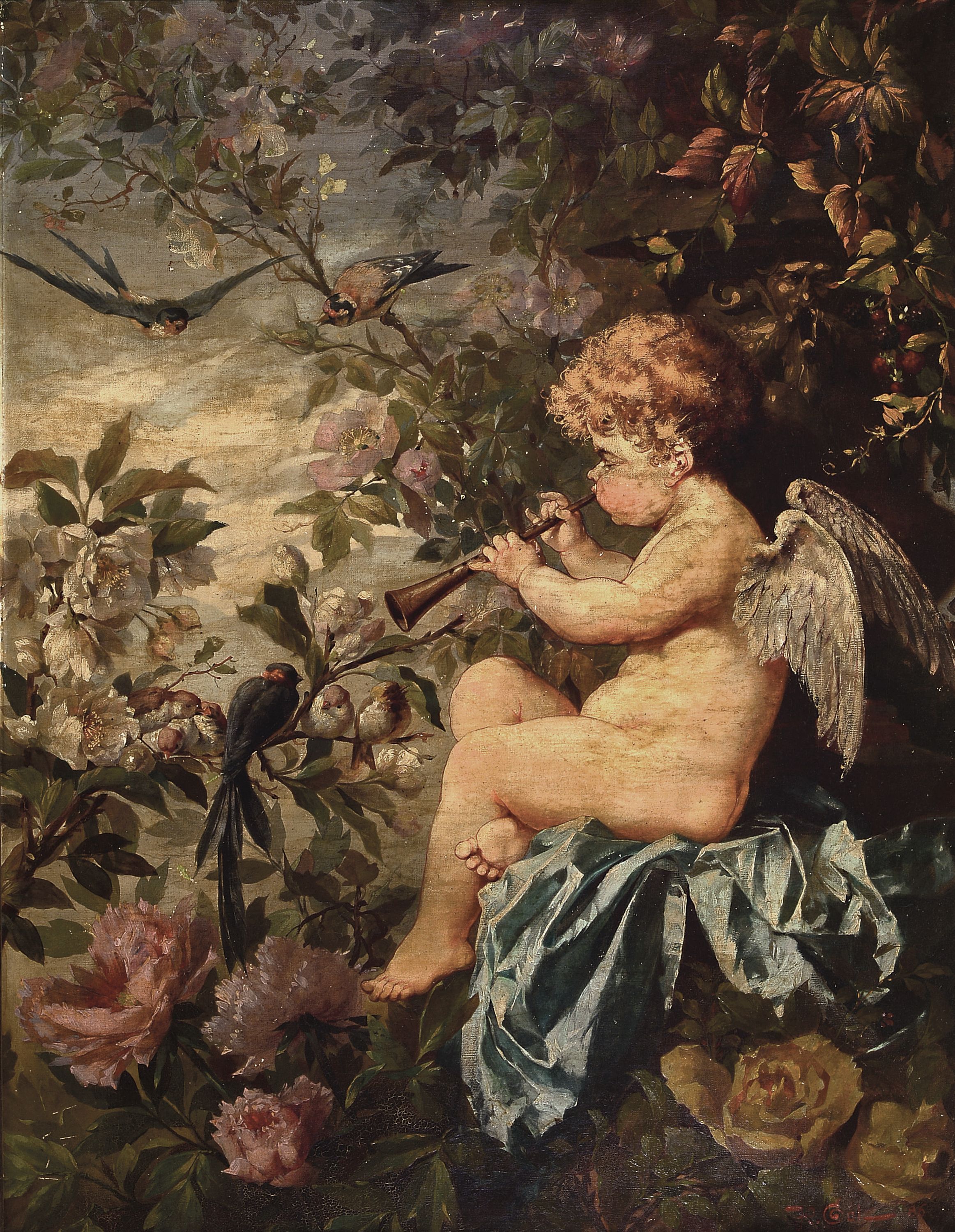 Image 27142551 - Hermann Götz, 1848 Donaueschingen-1901 Karlsruhe, Putto mit Flöte, umgeben von einer ...