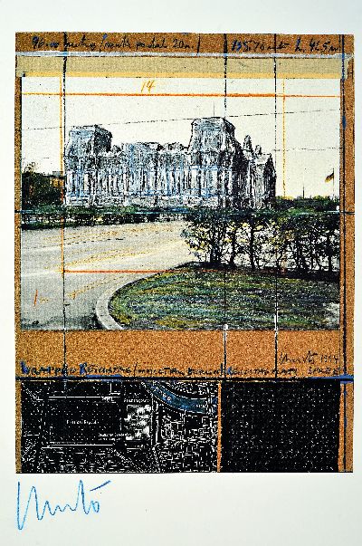 27142694k - Christo & Jean Claude, Project for Berlin, ´Wrapped Reichstag´, Offsetdruck li. u. blau ...