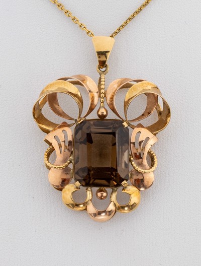 27143657a - 14 kt Gold Rauchquarz-Anhänger, Österreich/Wien, 1950er Jahre, RG/GG 585/000, ...