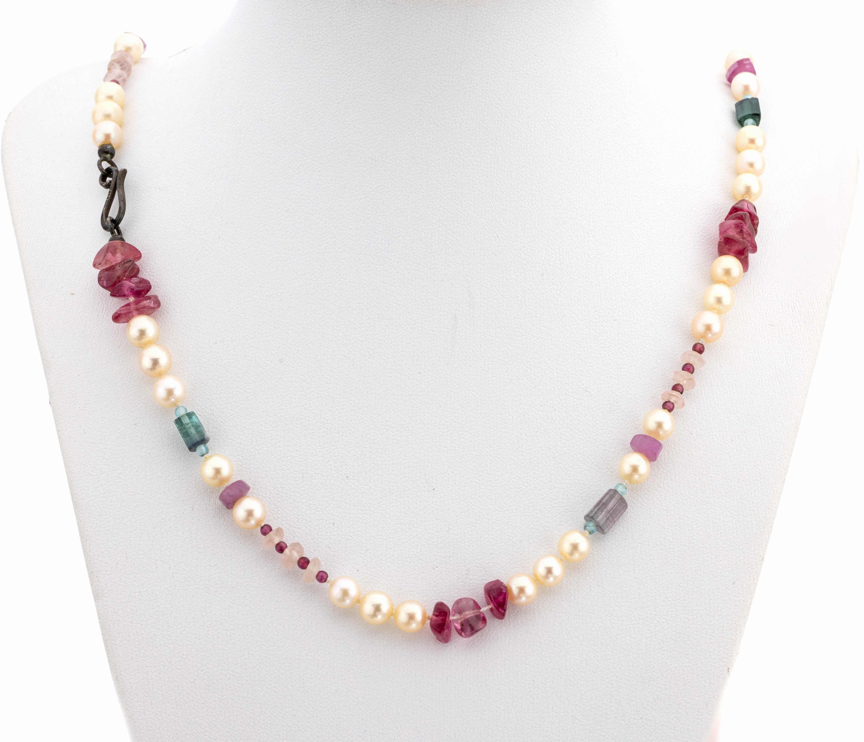 Image 27143840 - Perl-Farbstein-Collier, Akoyazuchtperlen, D. ca. 6.0-6.2 mm, Turmaline, Rosenquarze und ...