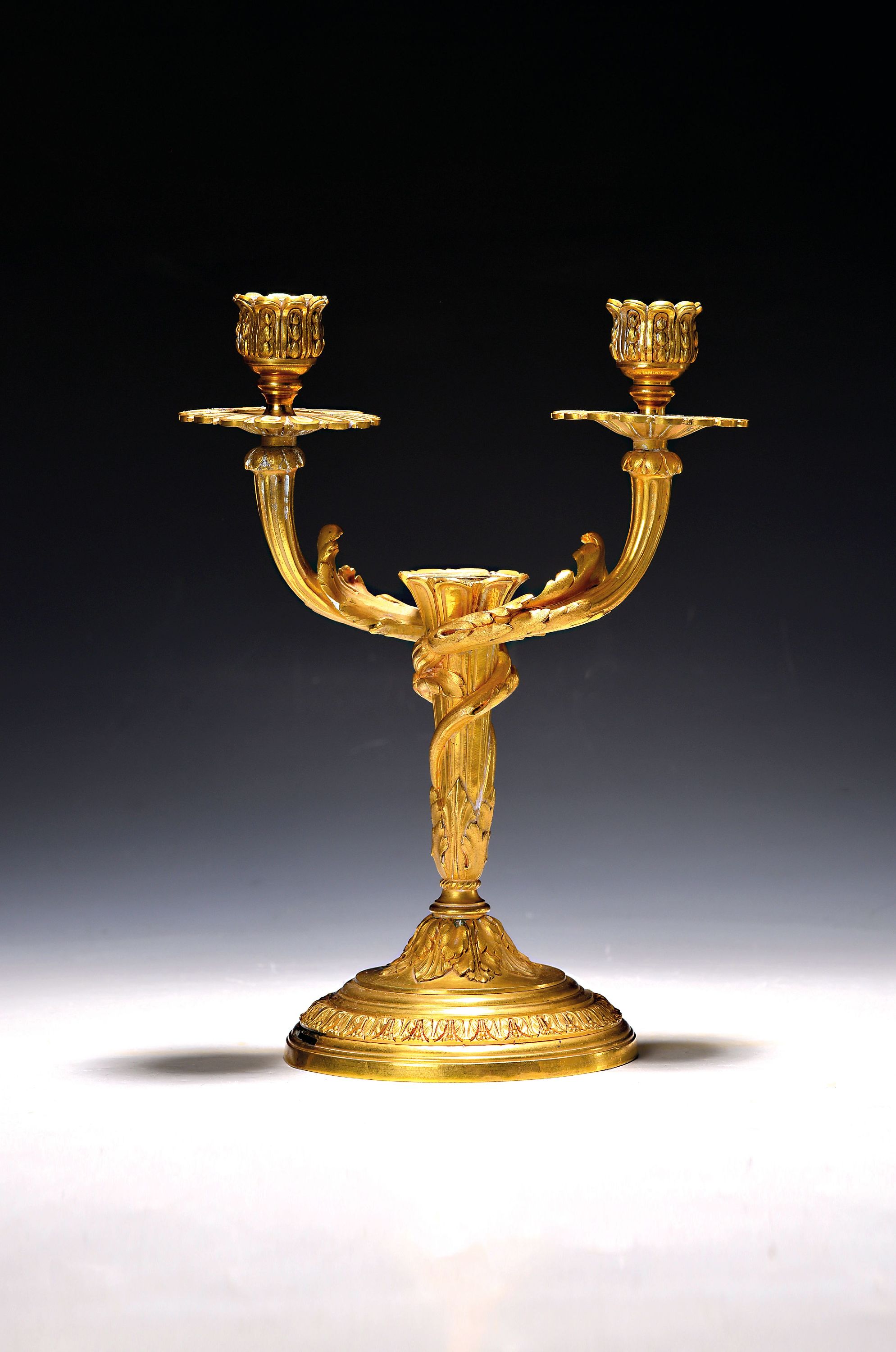 Image 27143880 - Empire style candlestick, 20th century, bronze, three-bulb, acanthus decor, height 28 cm, ...