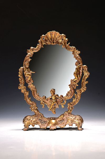 Image Historisierender Tischspiegel, 1.Hälfte 20.Jh., Bronze, schwenkbar, Rocaillenwerk mit ...