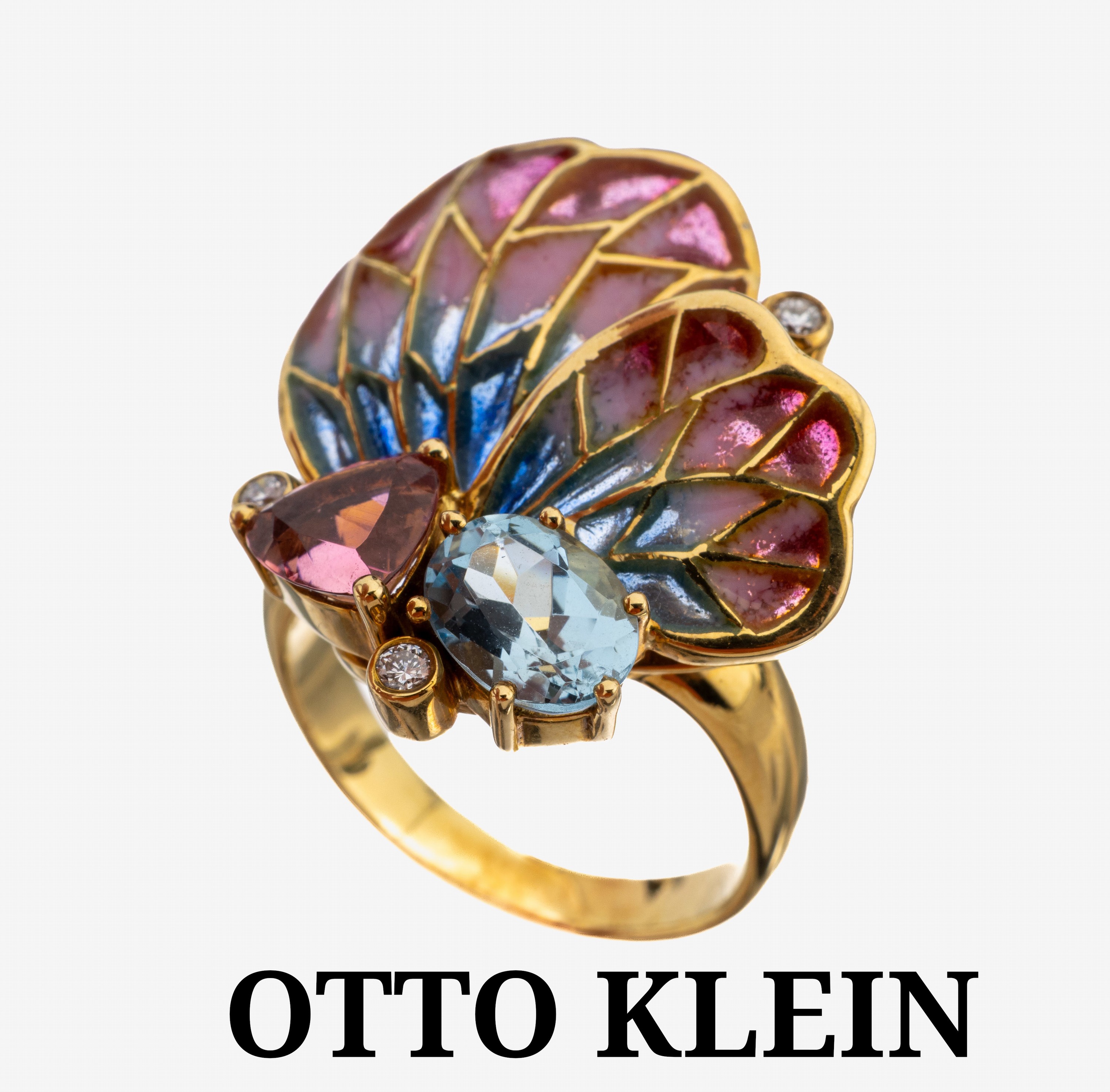 Image 27144080 - 18 kt Gold OTTO KLEIN Email-Aquamarin-Turmalin-Brillant-Ring, GG 750/000, ...