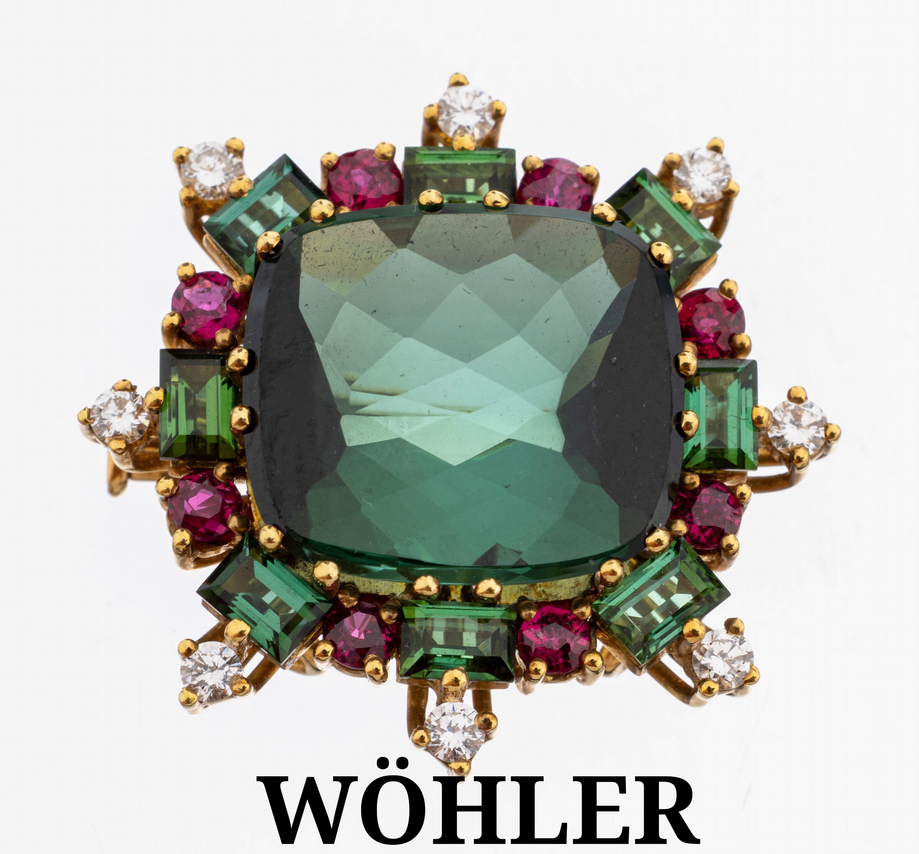 Image 27144082 - 18 kt Gold WÖHLER Turmalin-Rubin-Brillant -Brosche, GG 750/000, mittig Turmalin im ...