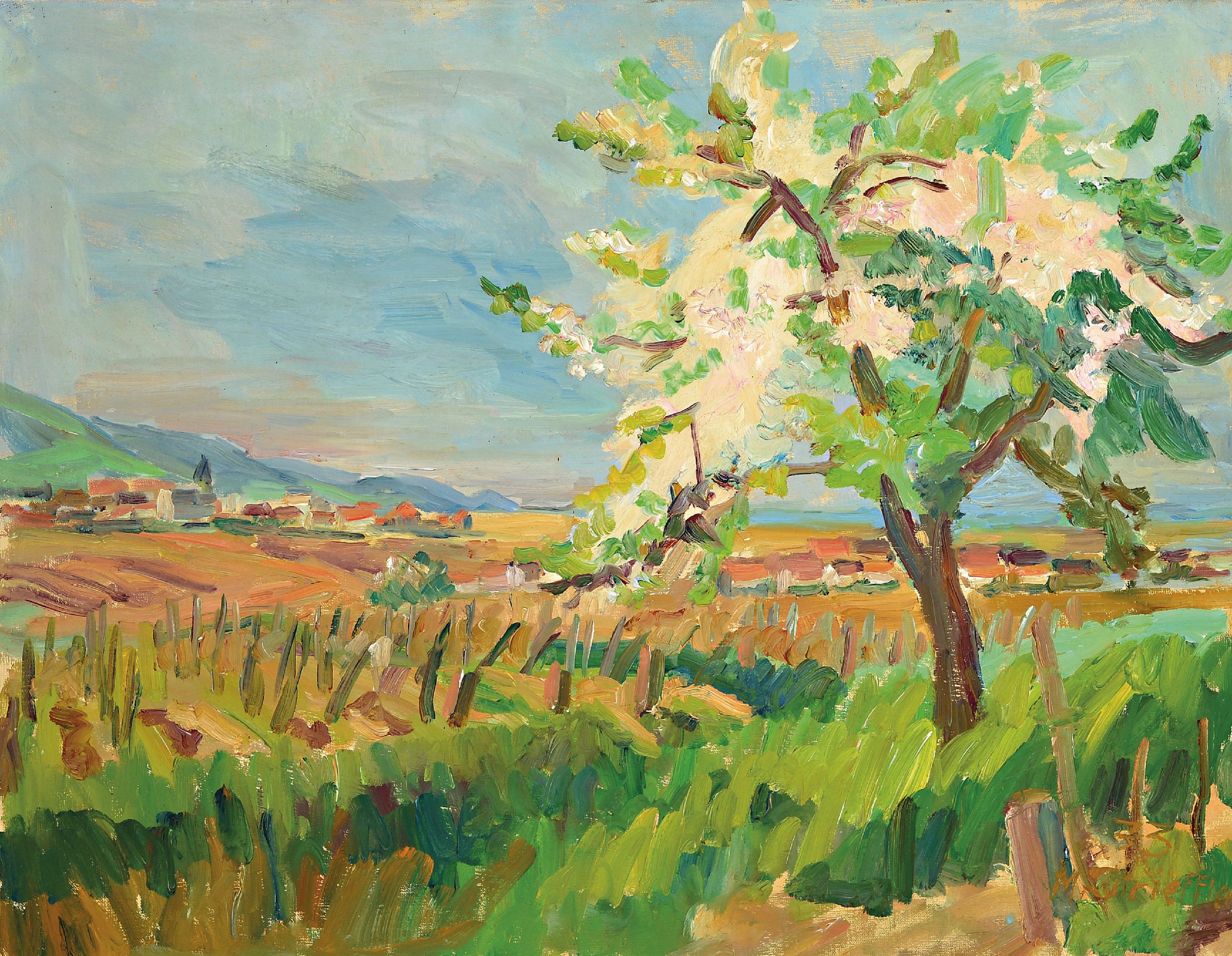 Image 27144183 - Marie Strieffler, 1917-1989 Landau, pfälzer Rebenlandschaft mit blühendem Mandelbaum, ...