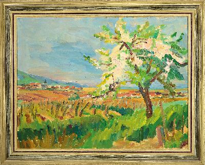 27144183k - Marie Strieffler, 1917-1989 Landau, pfälzer Rebenlandschaft mit blühendem Mandelbaum, ...