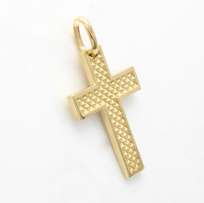 27144199a - Kreuzanhänger, GG 585/000, mittig erhabene Struktur, M. ca. 30x22 mm