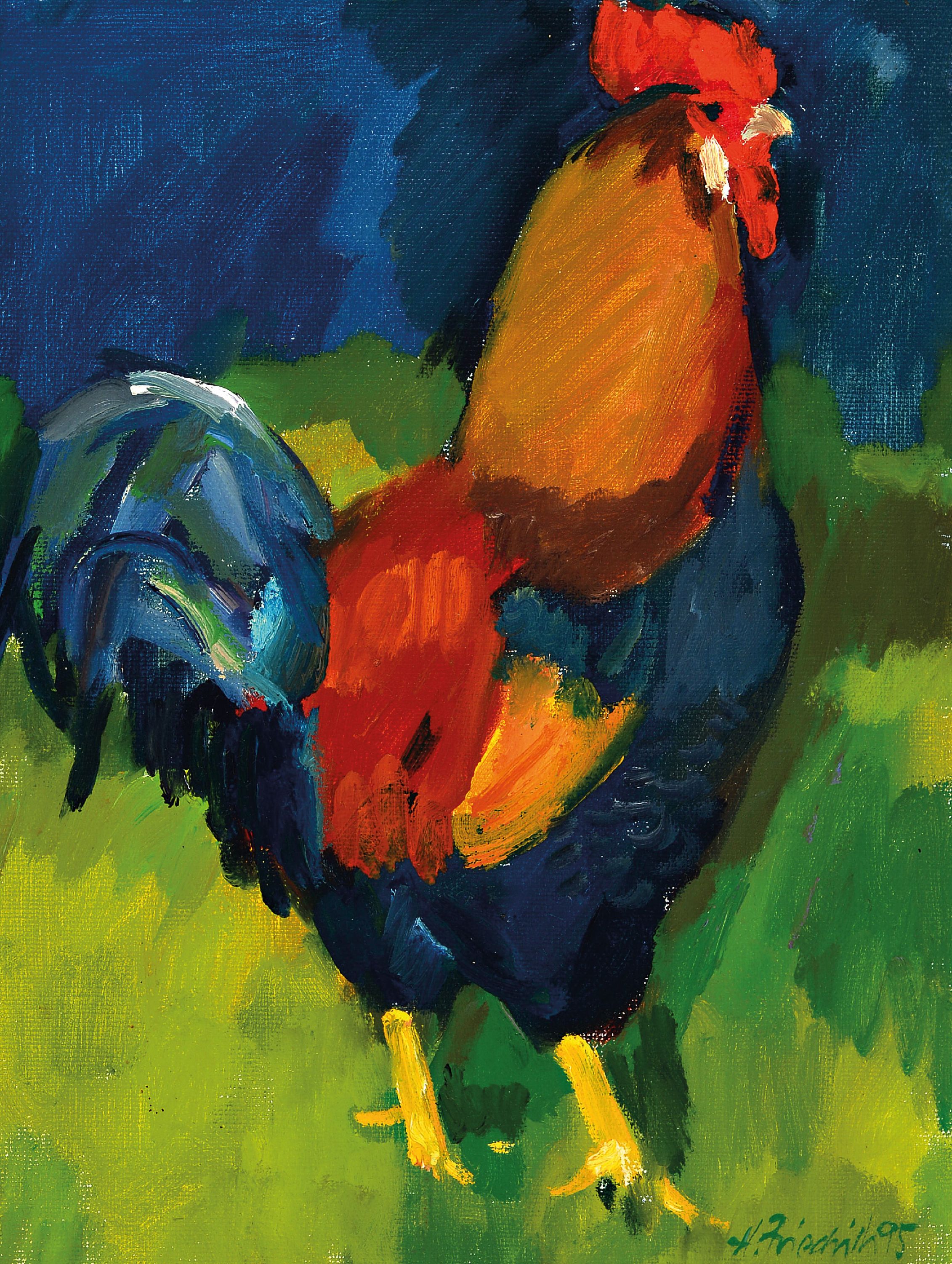 Image 27144209 - Heinz Friedrich, 1924-2018 Schwetzingen, rooster, signed and dated 1995, oil/canvas/wood, ...