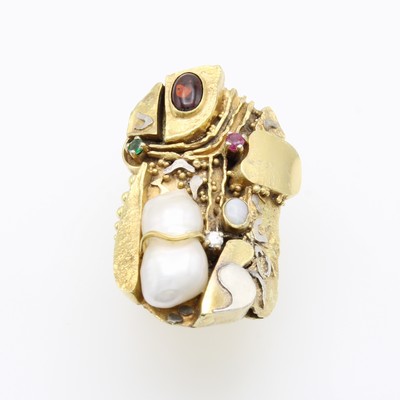 27144720a - Statement-Ring mit Süßwasserzuchtperle Brillant und Farbsteinen, GG/WG 750/000, ...
