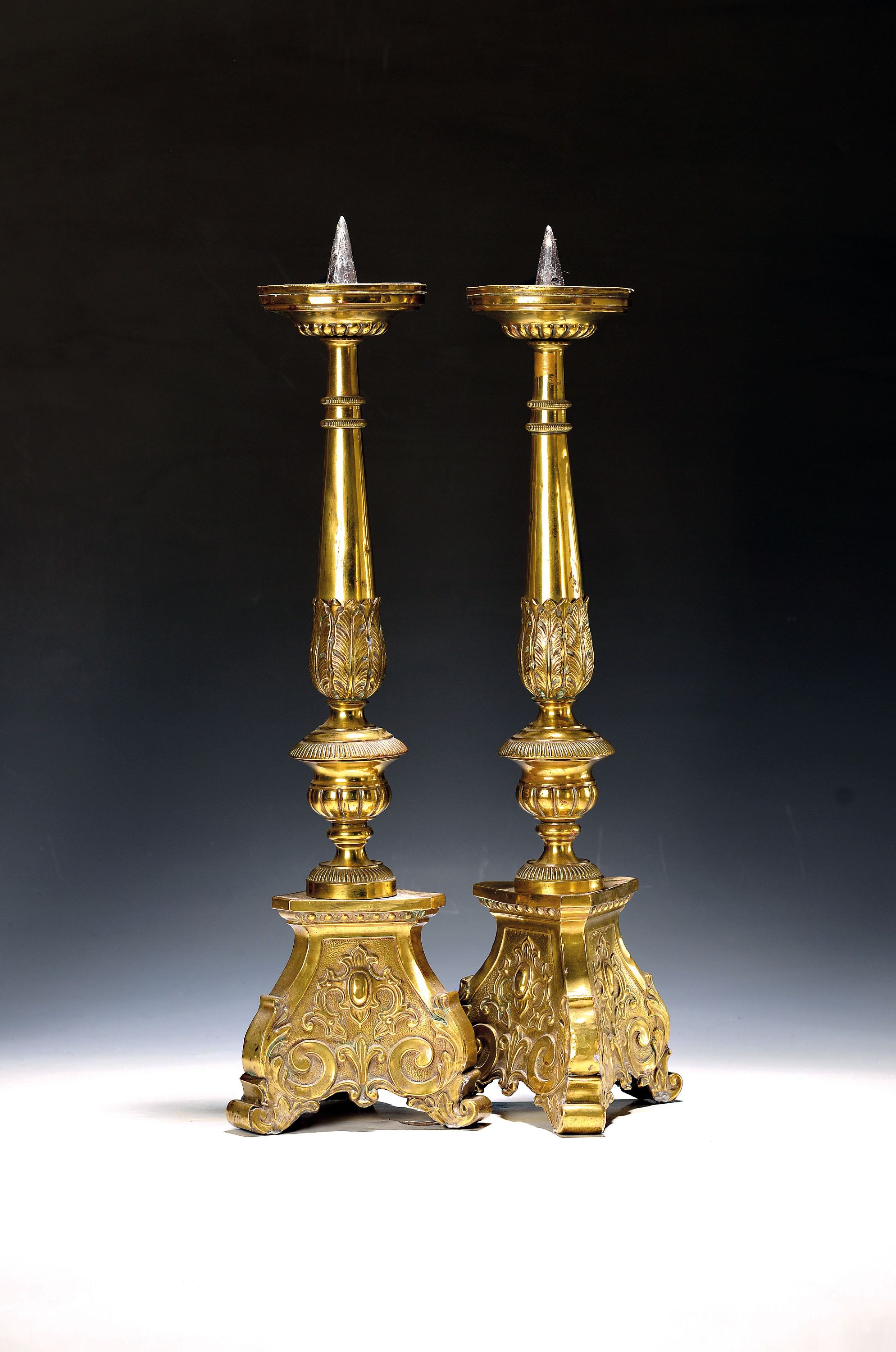 Image 27144926 - Pair of church or altar candlesticks, 19th century, brass, late baroque design, height ...