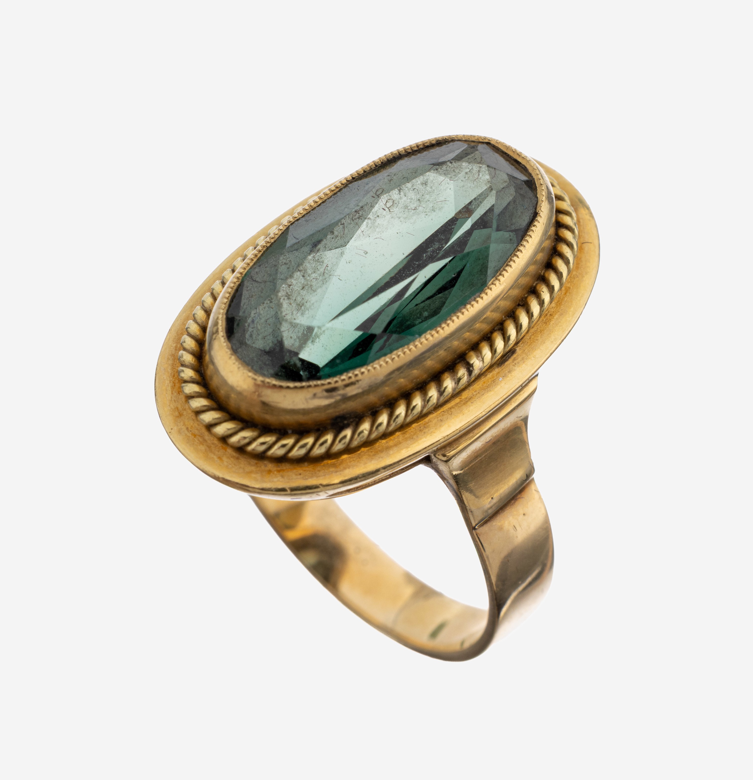 Image 27144951 - 14 kt Gold Farbstein-Ring, GG 585/000, ovalfacett. grüner synth. Spinell, RW 59, ca. ...