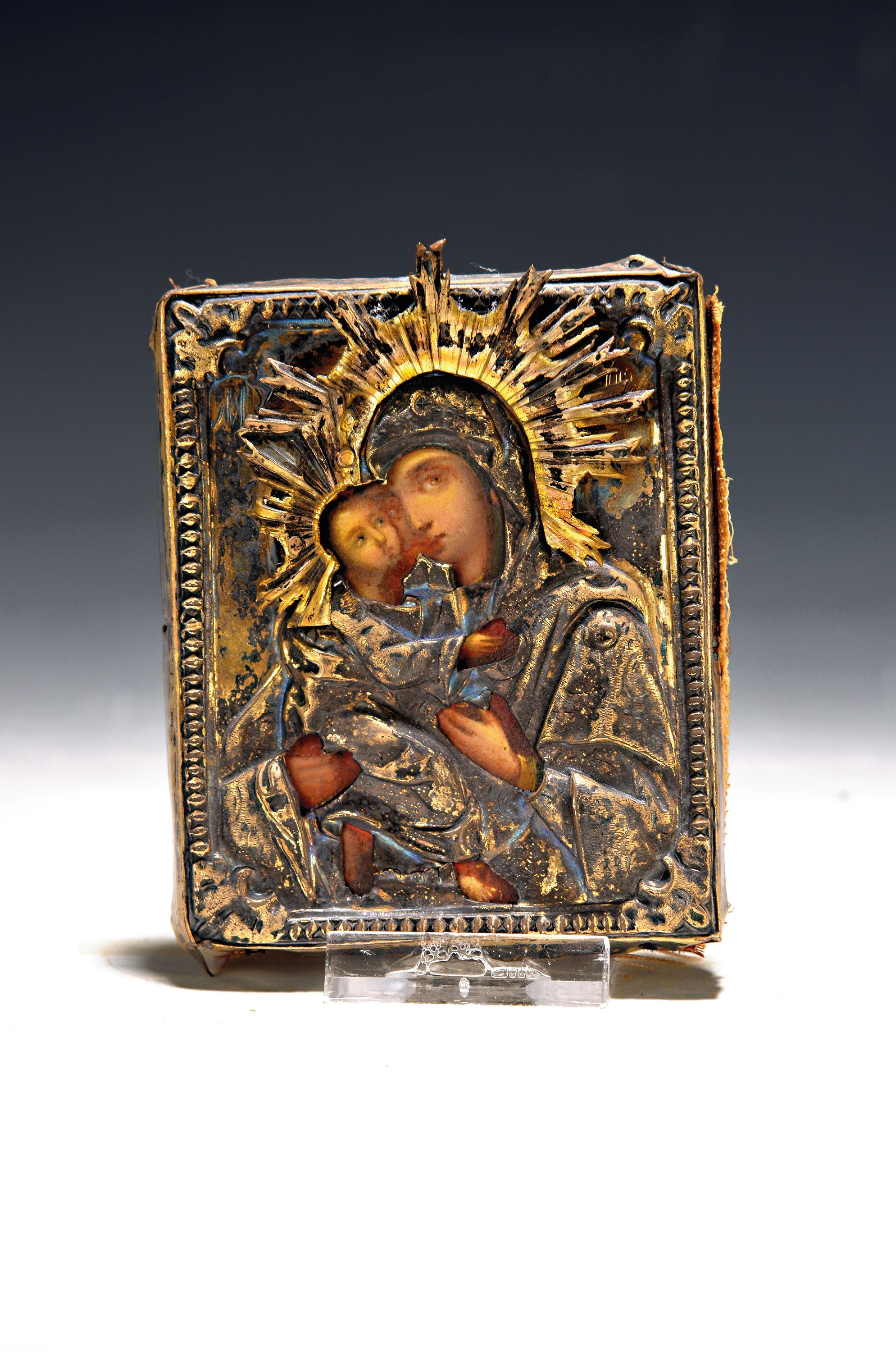 Image 27145037 - kl. Ikone, Russland, 19. Jh., Silberoklad, Mutter Gottes mit Kind, Eitempera/Holz, ...
