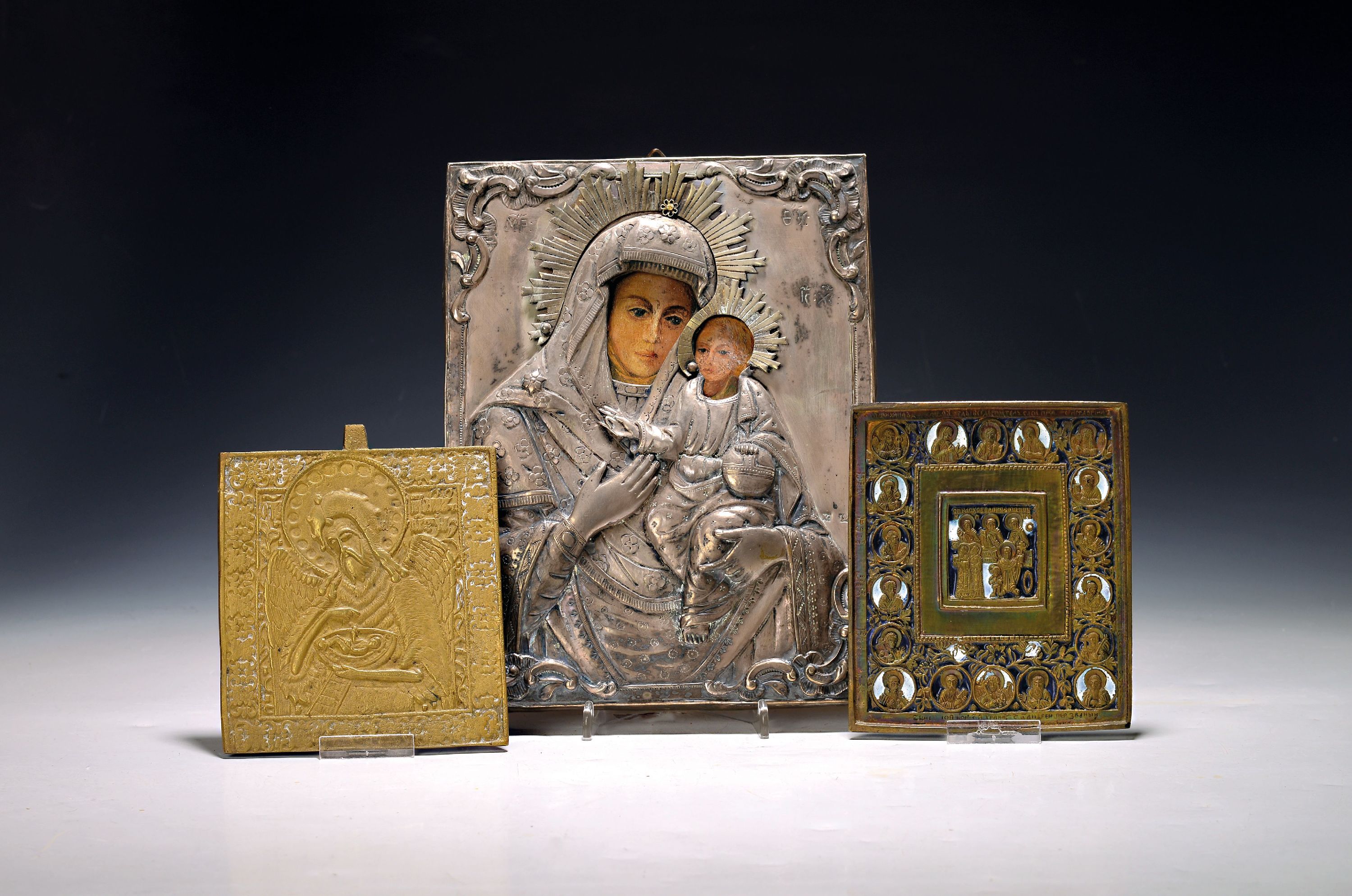 Image 27145040 - two travel icons and one icon, Russia, 19th century, a. Mother of God, with child, egg- ...