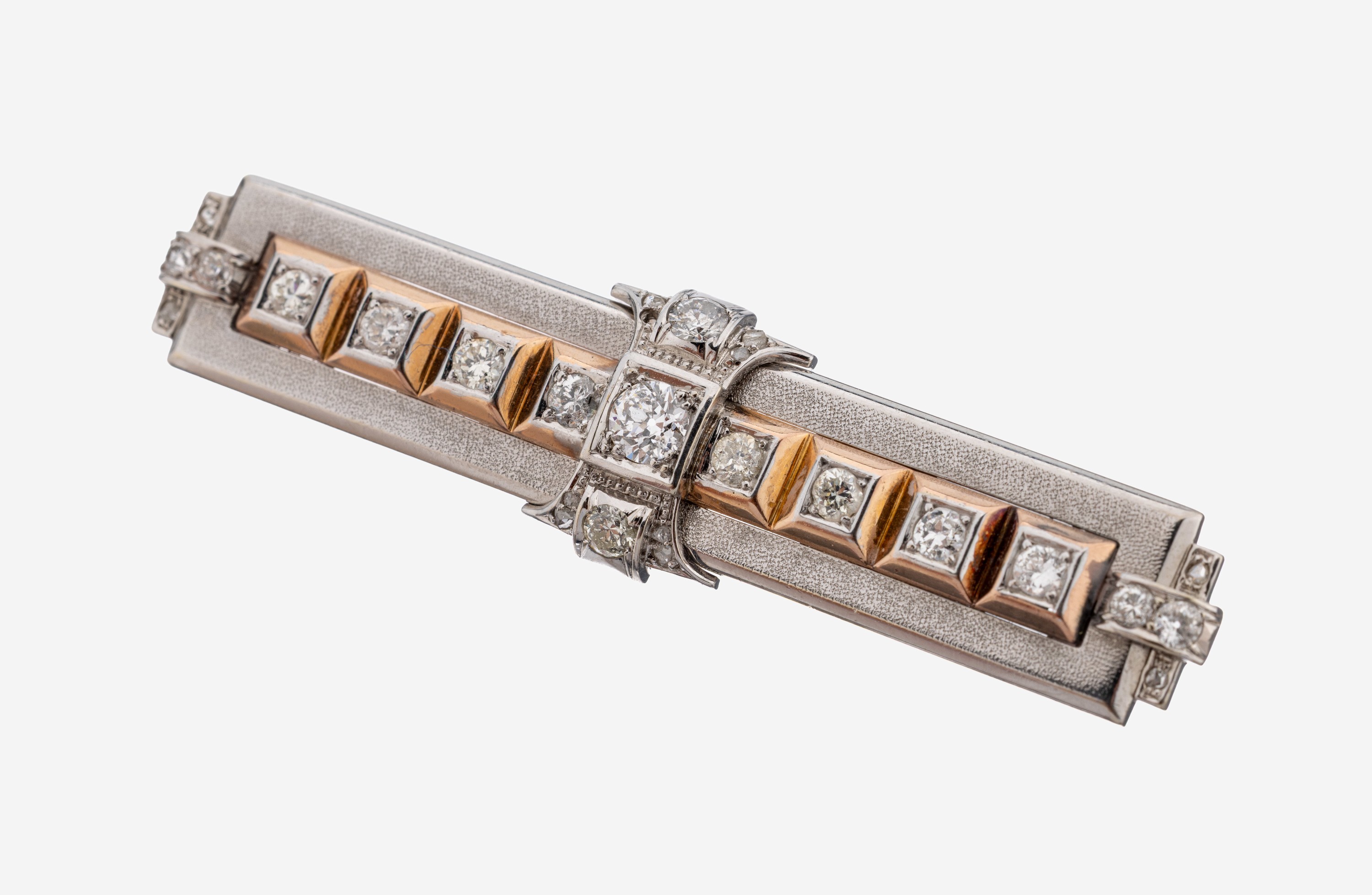Image 27145044 - 14 kt Gold Diamant-Brosche, 1930er Jahre, WG/RG 585/000, ungewöhnliches geometrisches ...
