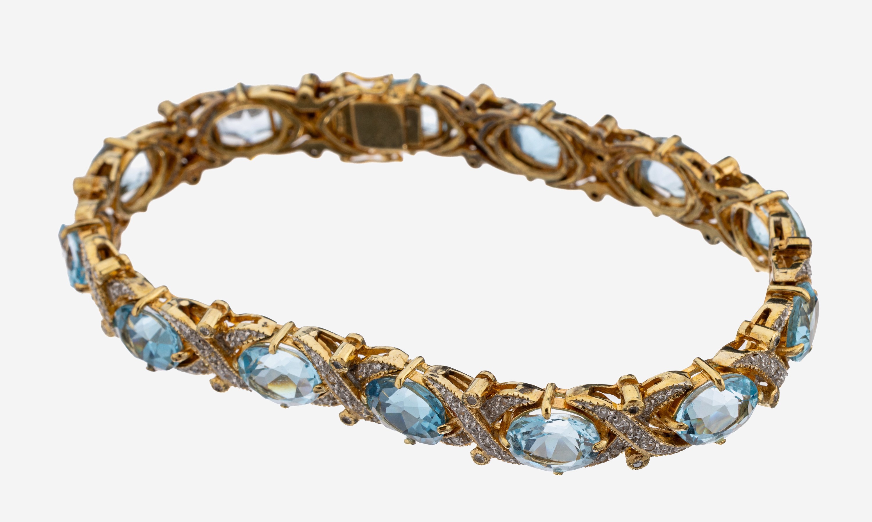 Image 27145047 - 14 kt Gold Topas-Diamant-Armband, GG 585/000 gepr., 13 ovalfacett. Blautopase (beh.) ...