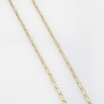 27145695a - Collier, GG/WG 585/000, Stäbchen in GG, fac. Kügelchen in WG, Karabinerschl., L. ca. ...