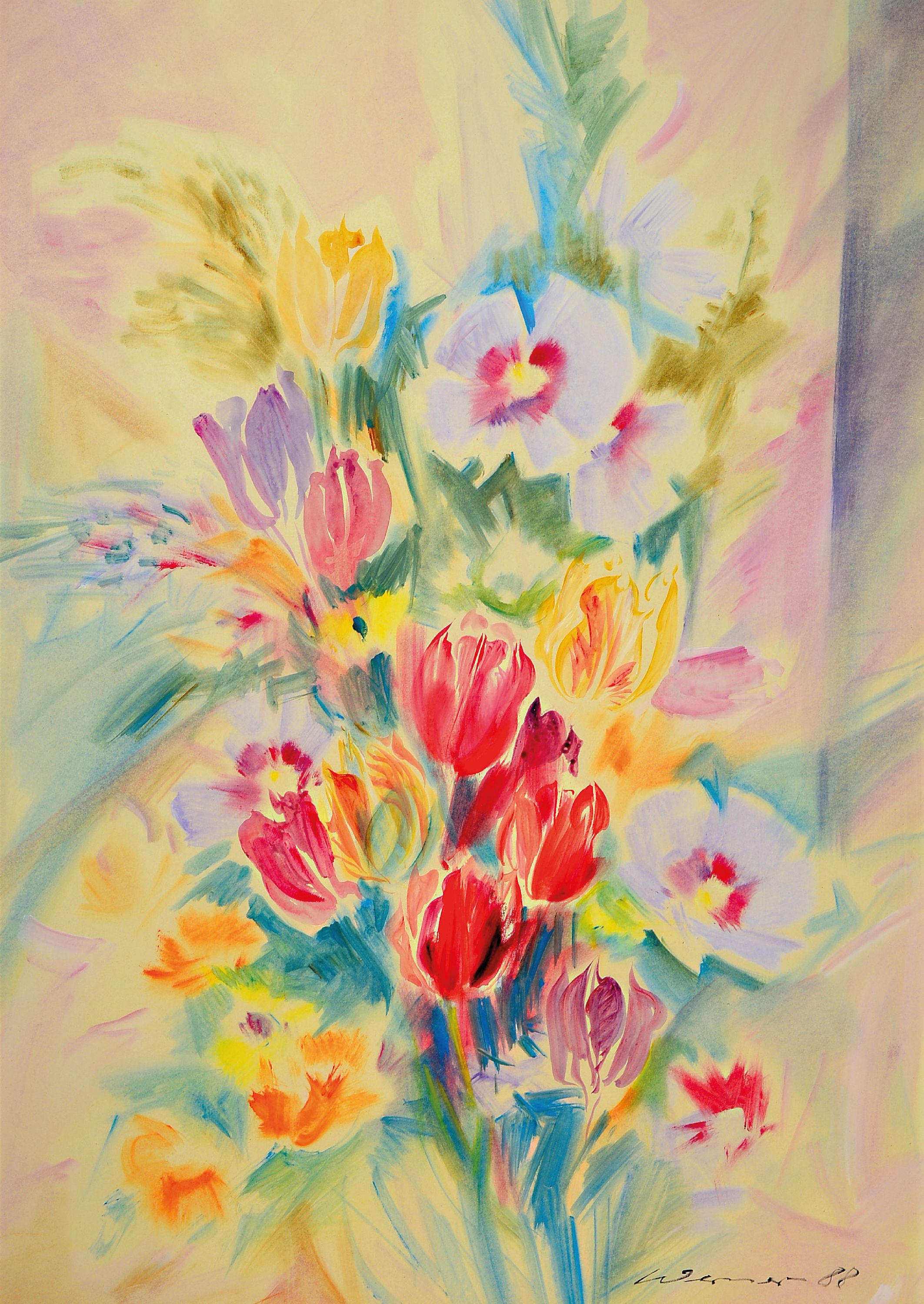 Image 27145896 - Heinz Werner, 1928 Coswig-2019, Aquarell, Stillleben mit Tulpenstrauß, signiert und ...