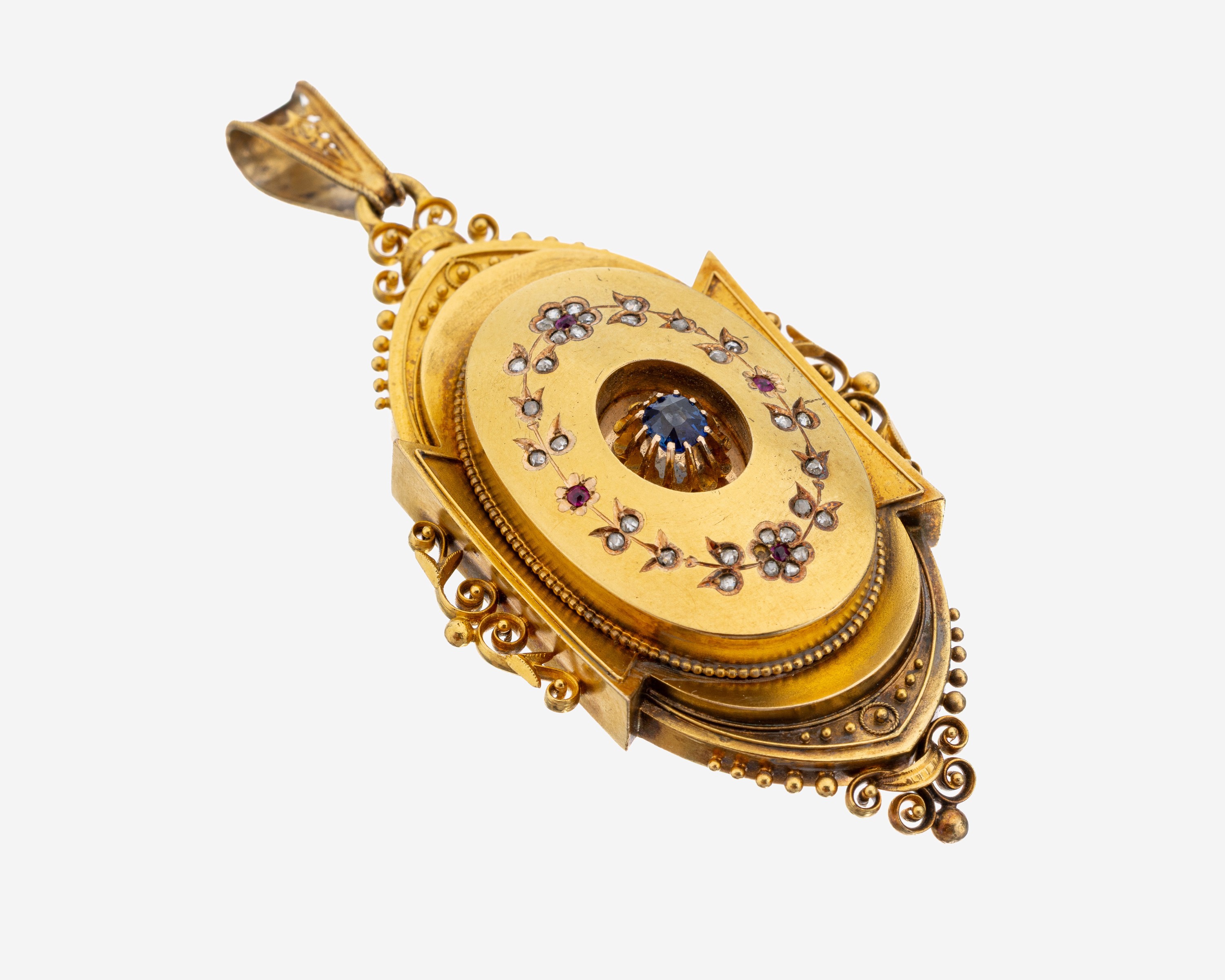 Image 27145899 - 14 kt Gold Saphir-Rubin-Diamant- Medaillonanhänger, um 1850-60, GG 585/000 gepr., ...