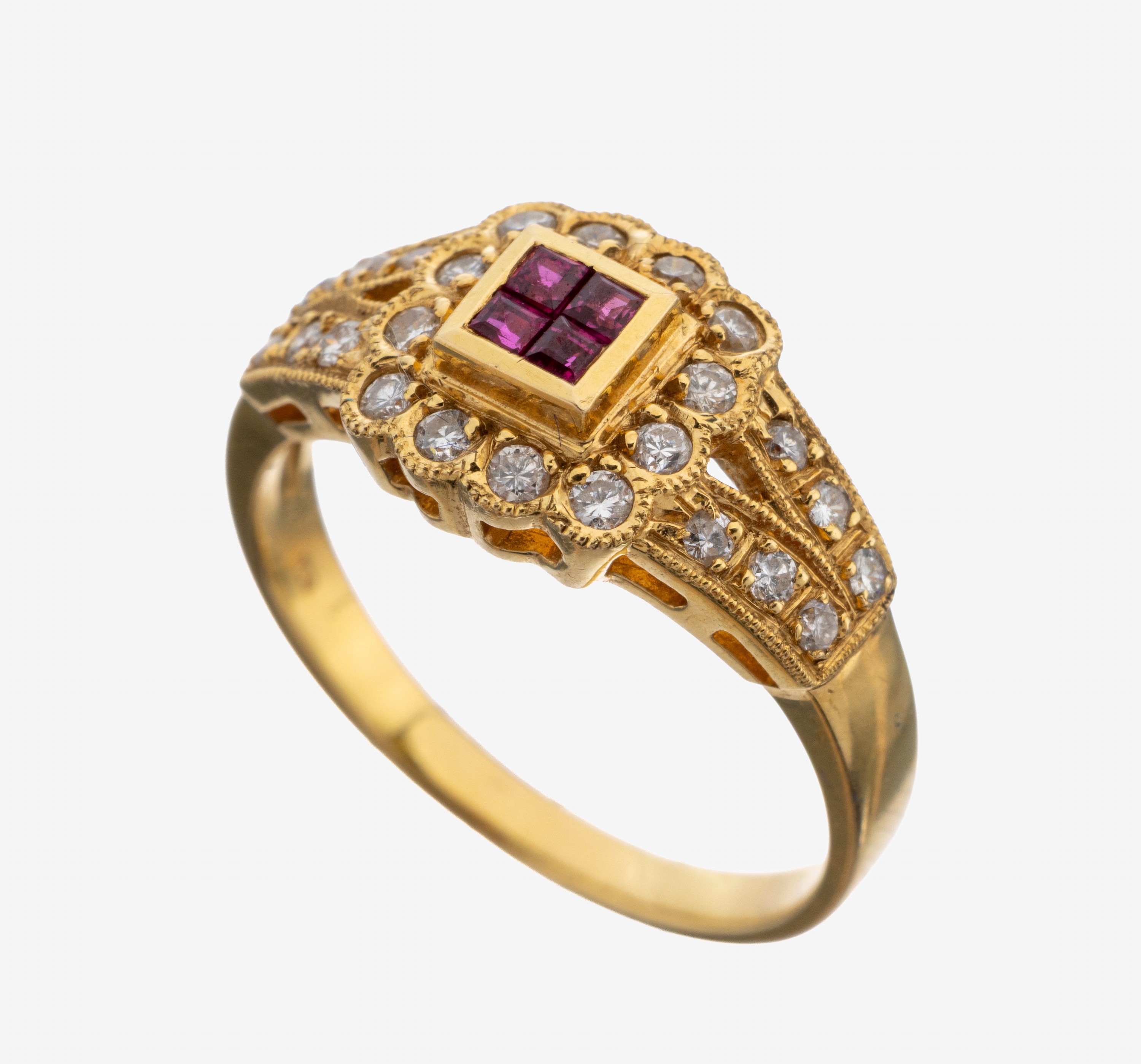 Image 27146067 - 18 kt Gold Rubin-Brillant-Ring, GG 750/000, mittig 4 Rubin-Carrees zus. ca. 0.04 ct, 24 ...