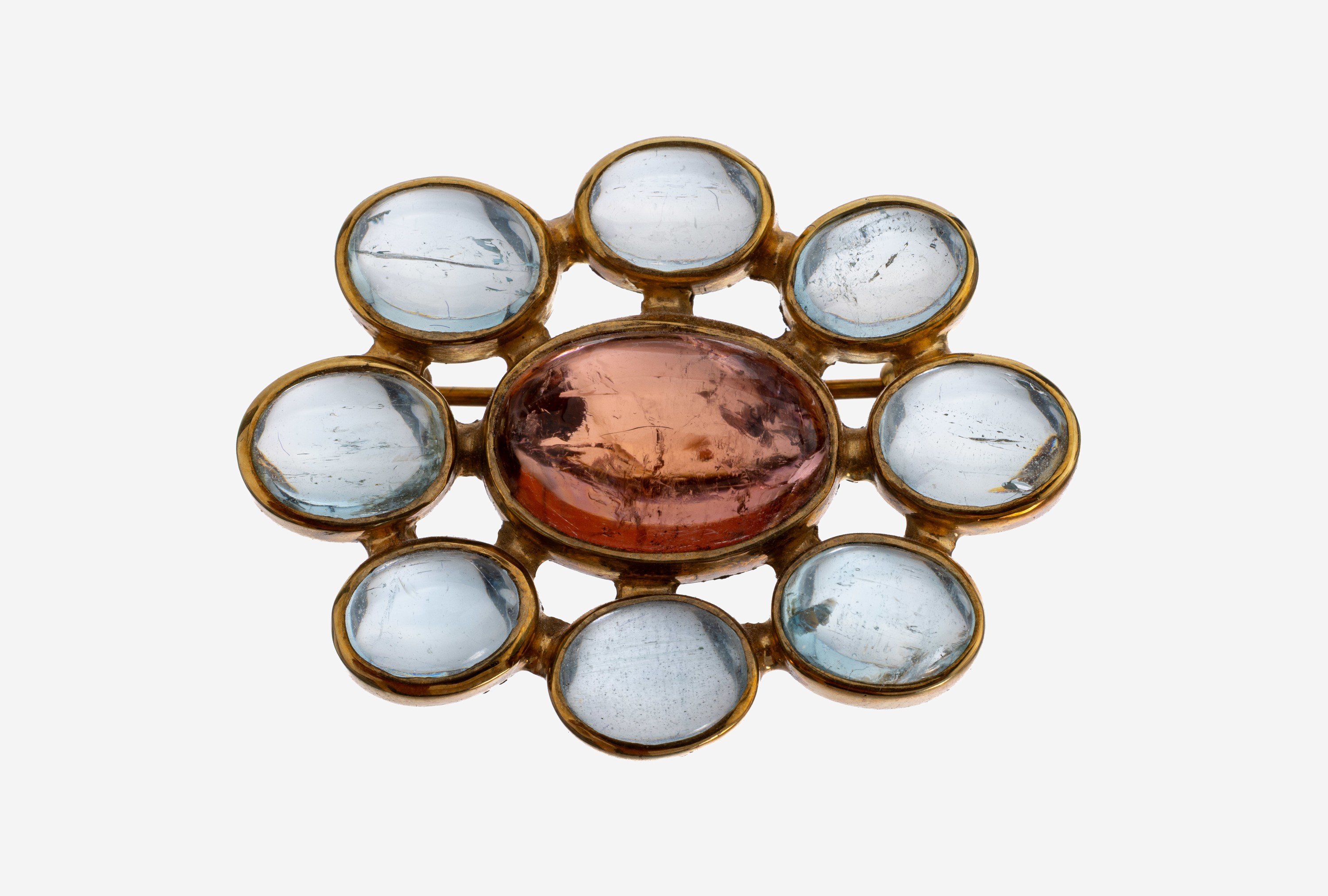 Image 27146097 - 14 kt Gold Rubellit-Aquamarin-Brosche, GG 585/000 gepr., abstrakte Blütenform, mittig ...