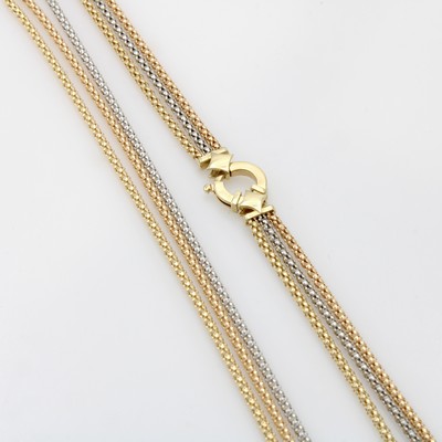 27146004a - 3-reihiges Collier, GG/WG/RG, im Himbeer- muster, Federringschl., L. ca. 43.5 cm