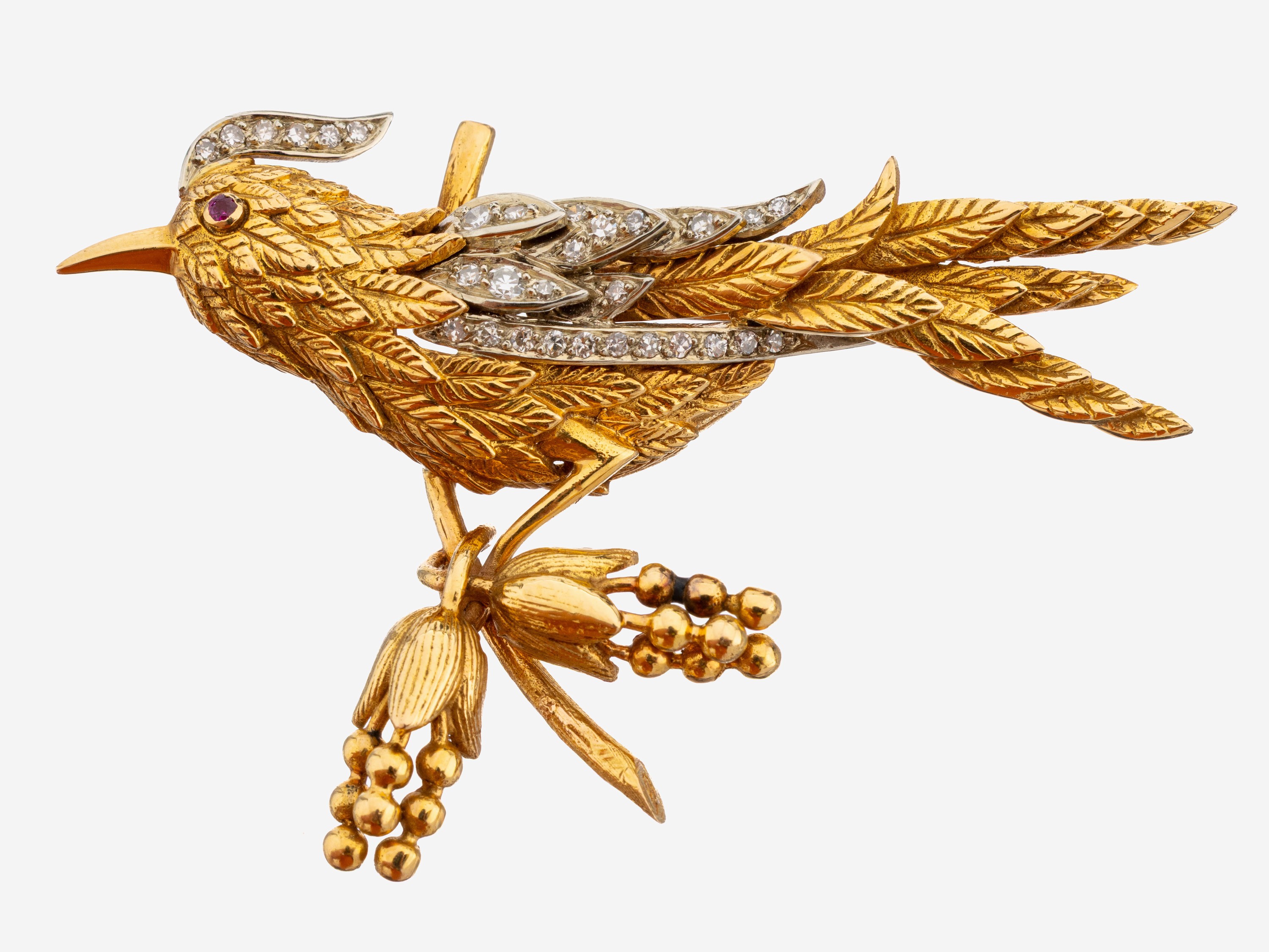Image 27146313 - 18 kt Gold Diamant-Rubin-Brosche, Frankreich, GG/WG 750/000, Darstellung eines Vogels, ...