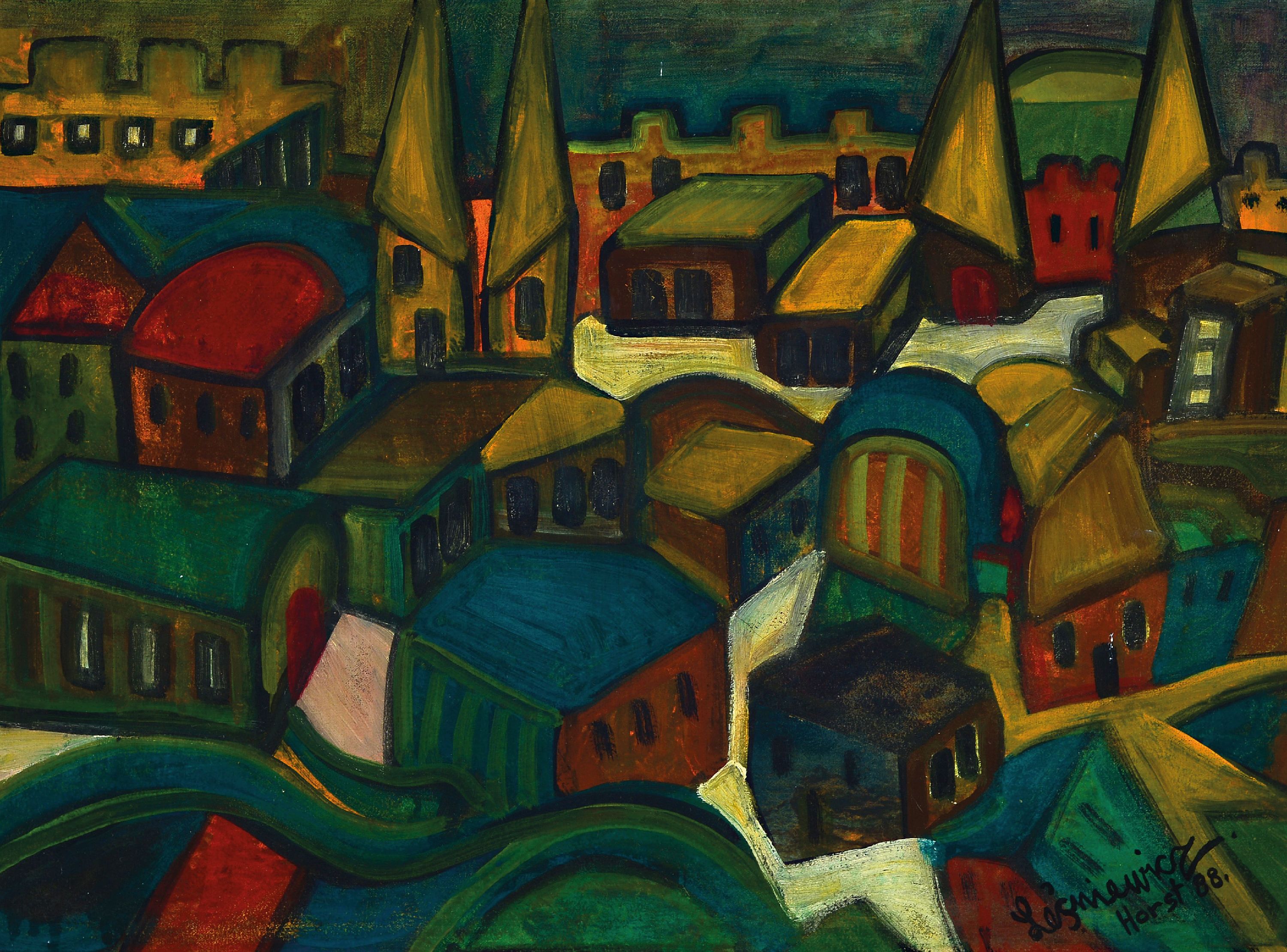Image 27146331 - Horst Lesniewicz, 1926 Berlin-2003, Blick auf eine Stadt, Öl/Hartfaser, rechts unten ...