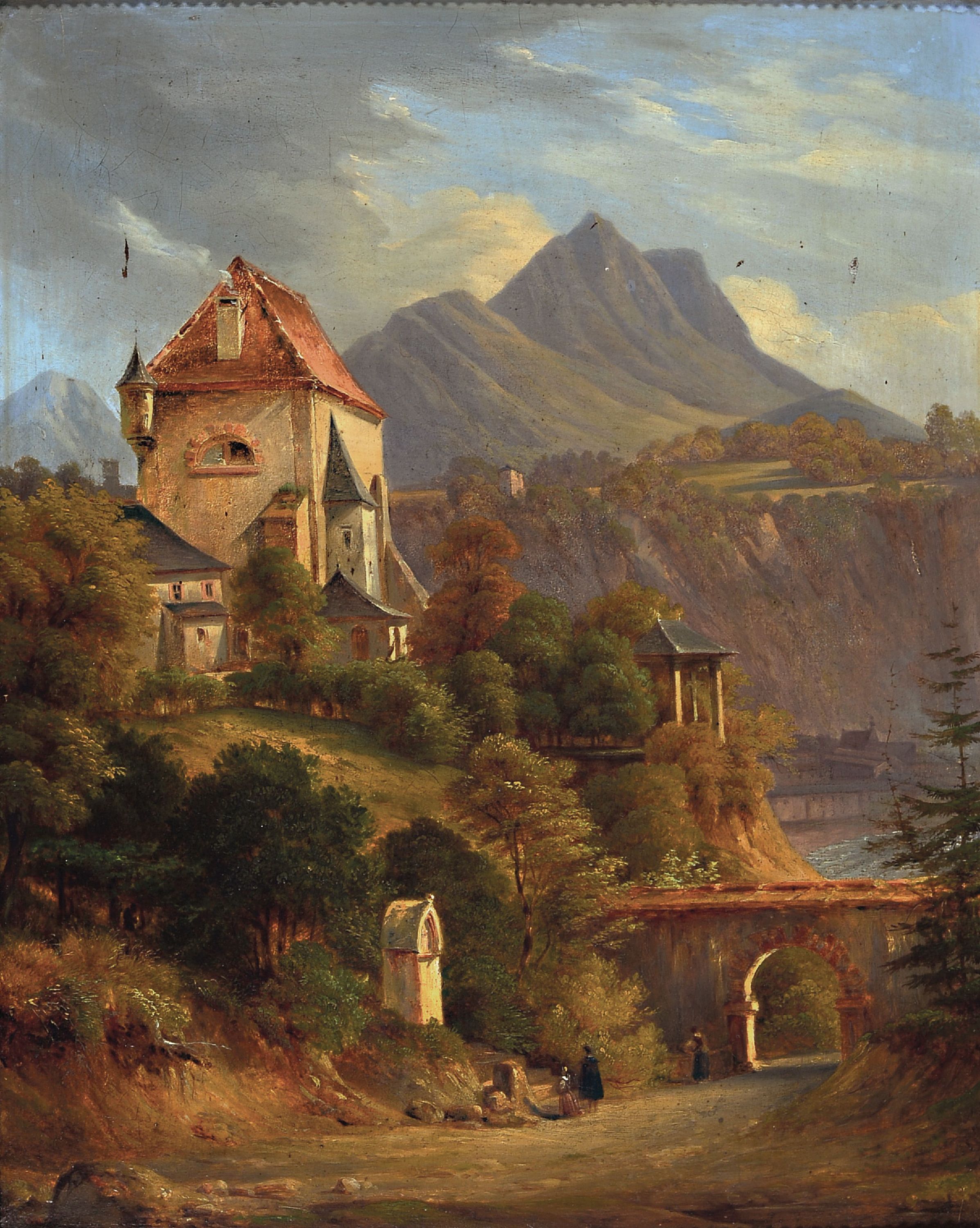 Image 27146338 - Unbekannter Romantiker des 19. Jh., Burg in den Bergen, im Vordergrund Personen am ...