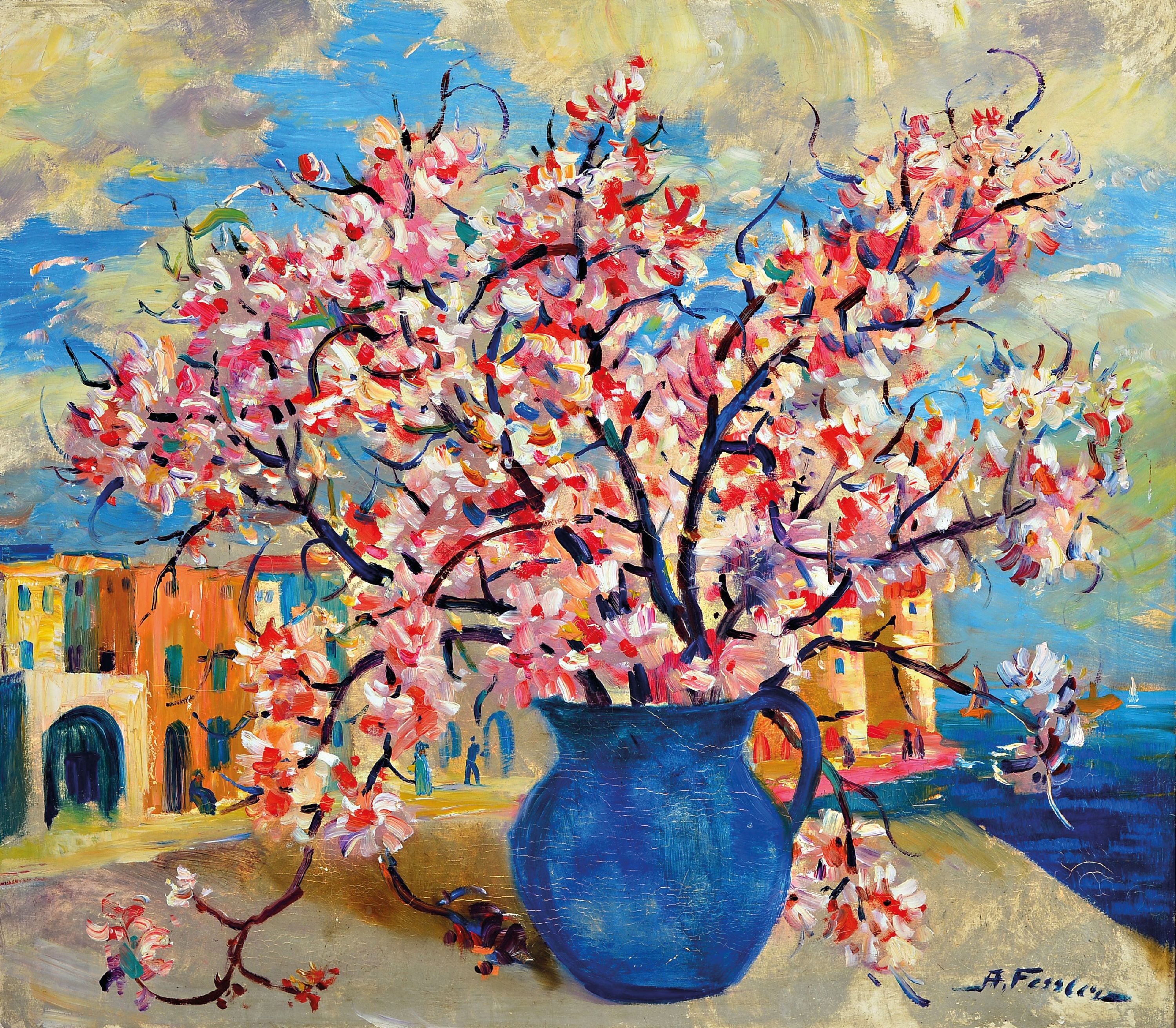 Image 27146341 - Albert Fessler, 1908-1978 Königsbach, Kirschblütenzweig in blauer Vase, Öl/Lwd, ...