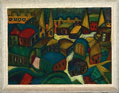 27146331k - Horst Lesniewicz, 1926 Berlin-2003, Blick auf eine Stadt, Öl/Hartfaser, rechts unten ...