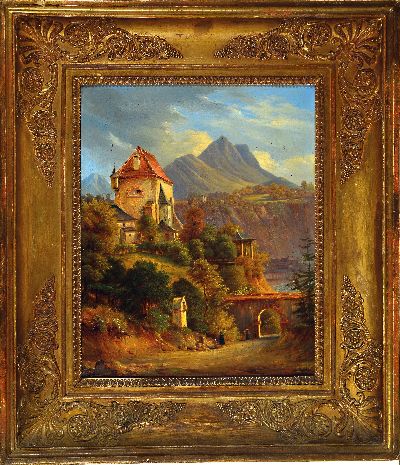 27146338k - Unbekannter Romantiker des 19. Jh., Burg in den Bergen, im Vordergrund Personen am ...