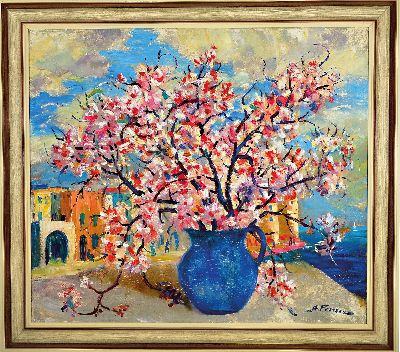 27146341k - Albert Fessler, 1908-1978 Königsbach, Kirschblütenzweig in blauer Vase, Öl/Lwd, ...