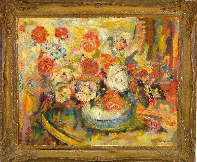 27146347k - W. Geiger, painter in the middle of the 20th century, interior with lush still life with ...