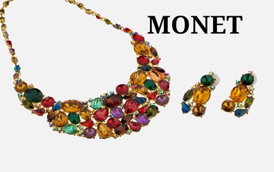 Image Prunkvolles MONET Modeschmuckset, USA 1970er Jahre, Metall verg., bunte Glassteine in ...